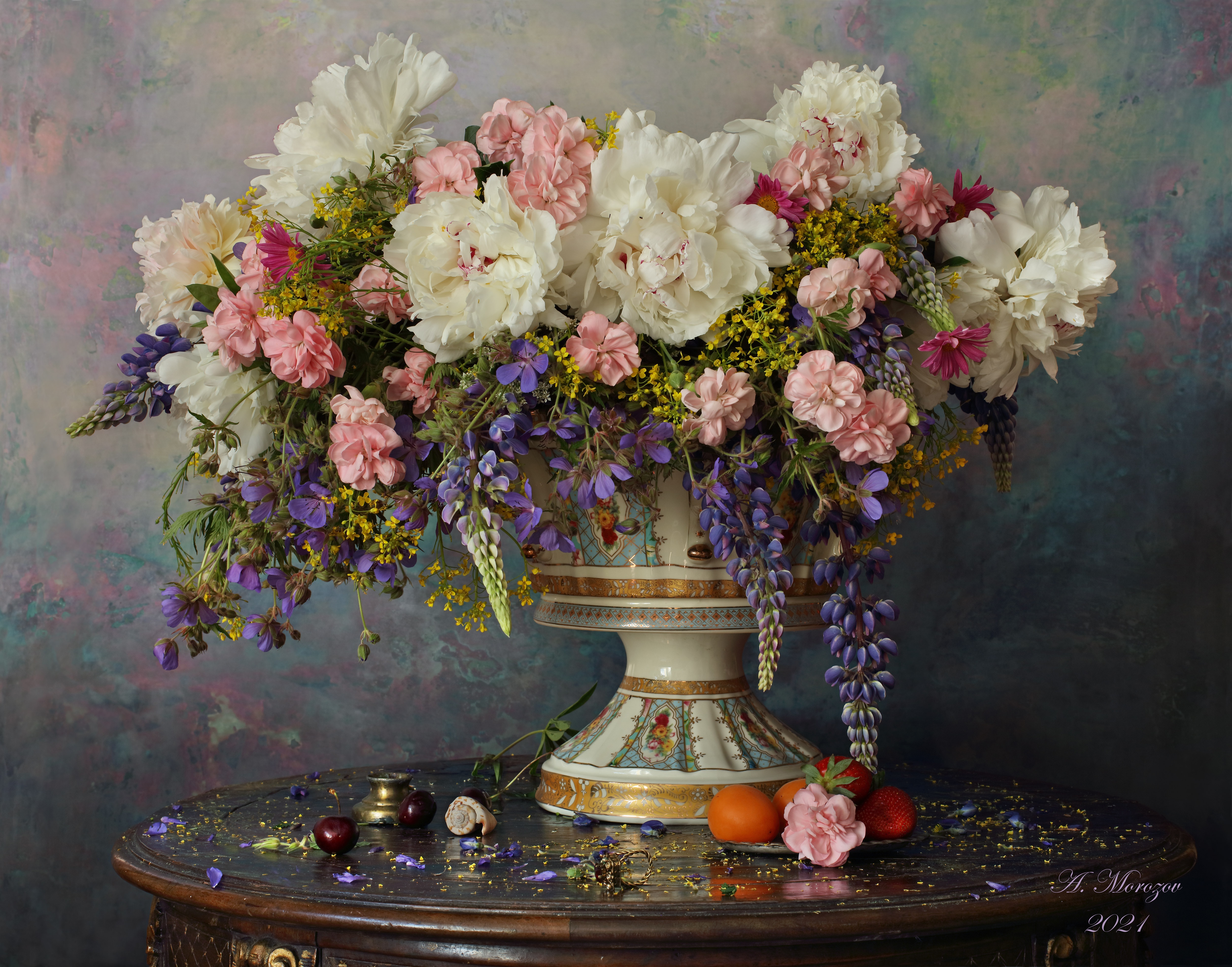 Elegant Floral Still Life with Peonies and Fruits HD Wallpaper