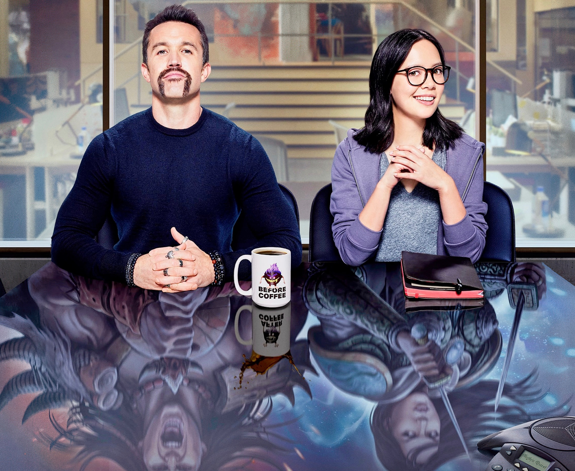 Mythic Quest: Rob McElhenney and Poppy Li with game reflections HD Wallpaper