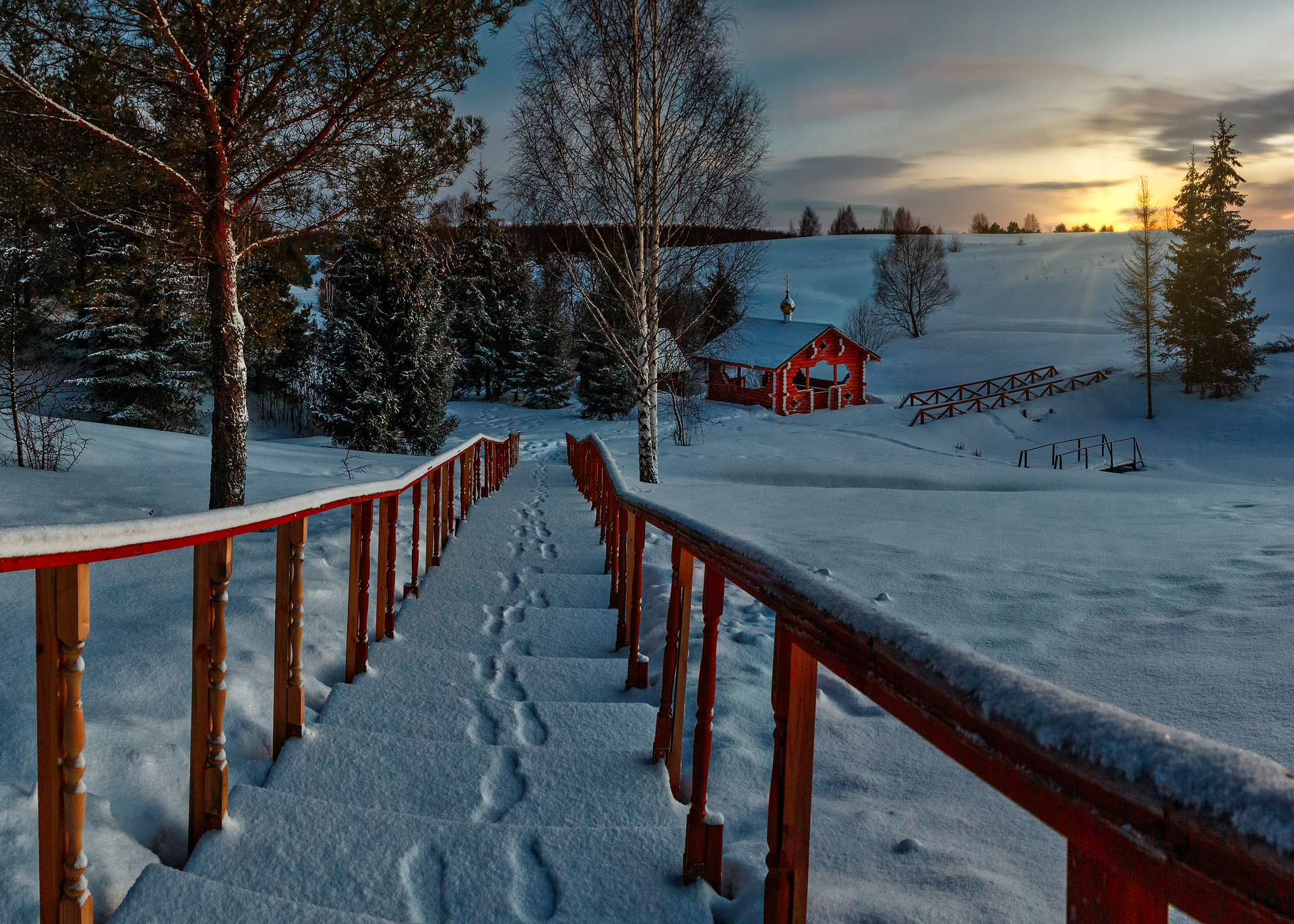 Red Cabin and Snowy Stairs in Winter HD Wallpaper