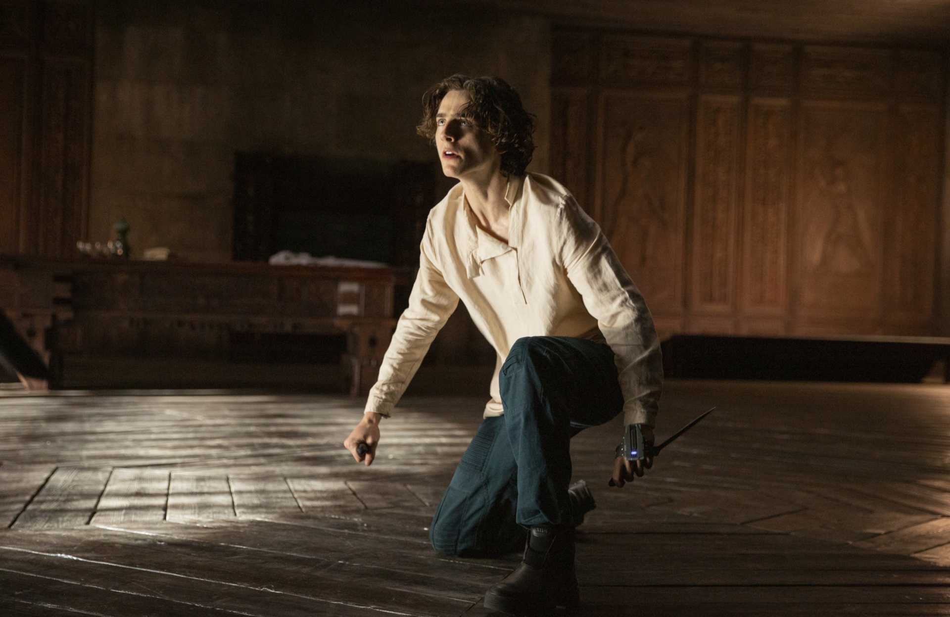 Timothée Chalamet as Paul Atreides kneeling, looking wary in Dune HD Wallpaper