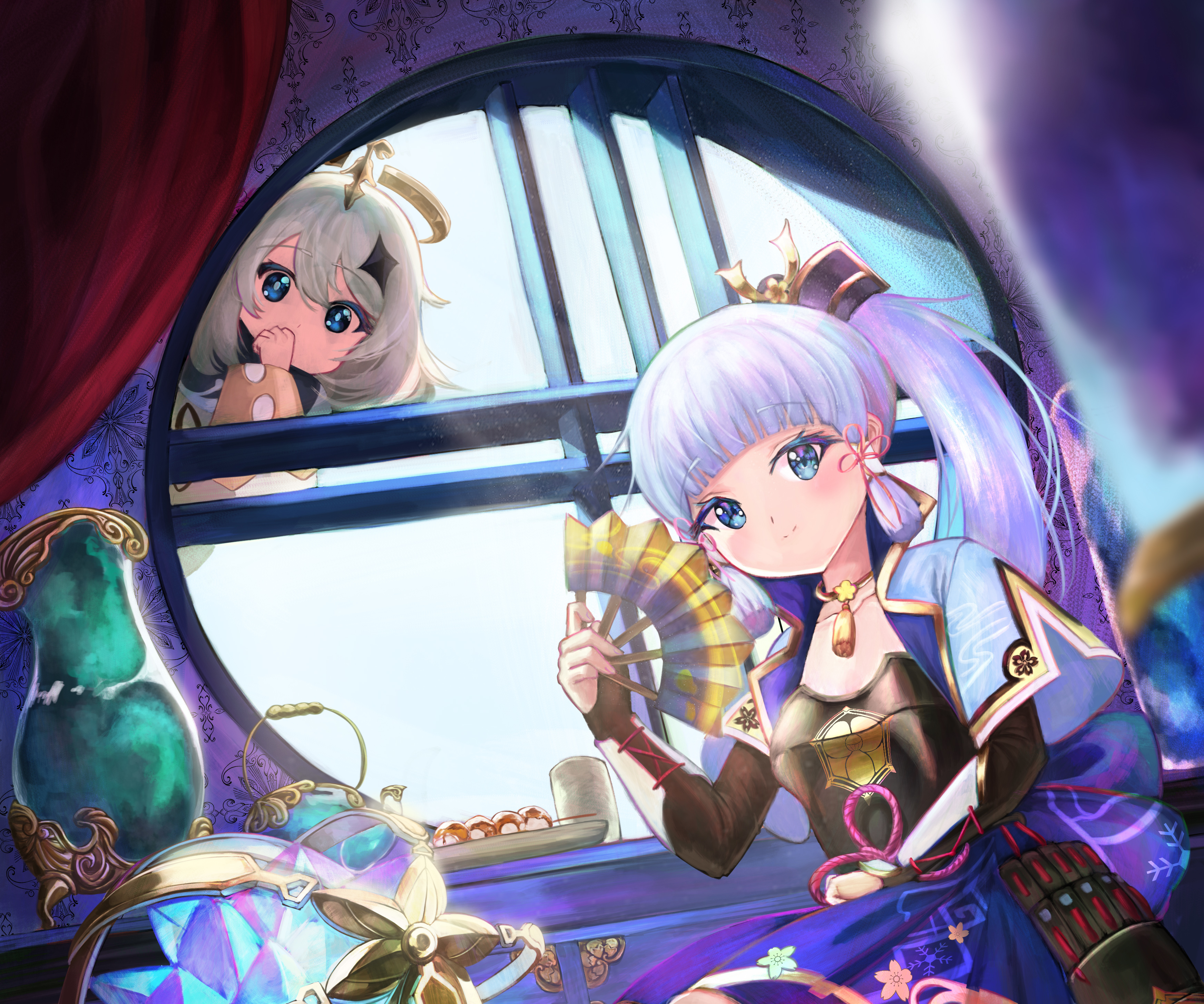 Kamisato Ayaka and Paimon peeking through the window HD Wallpaper