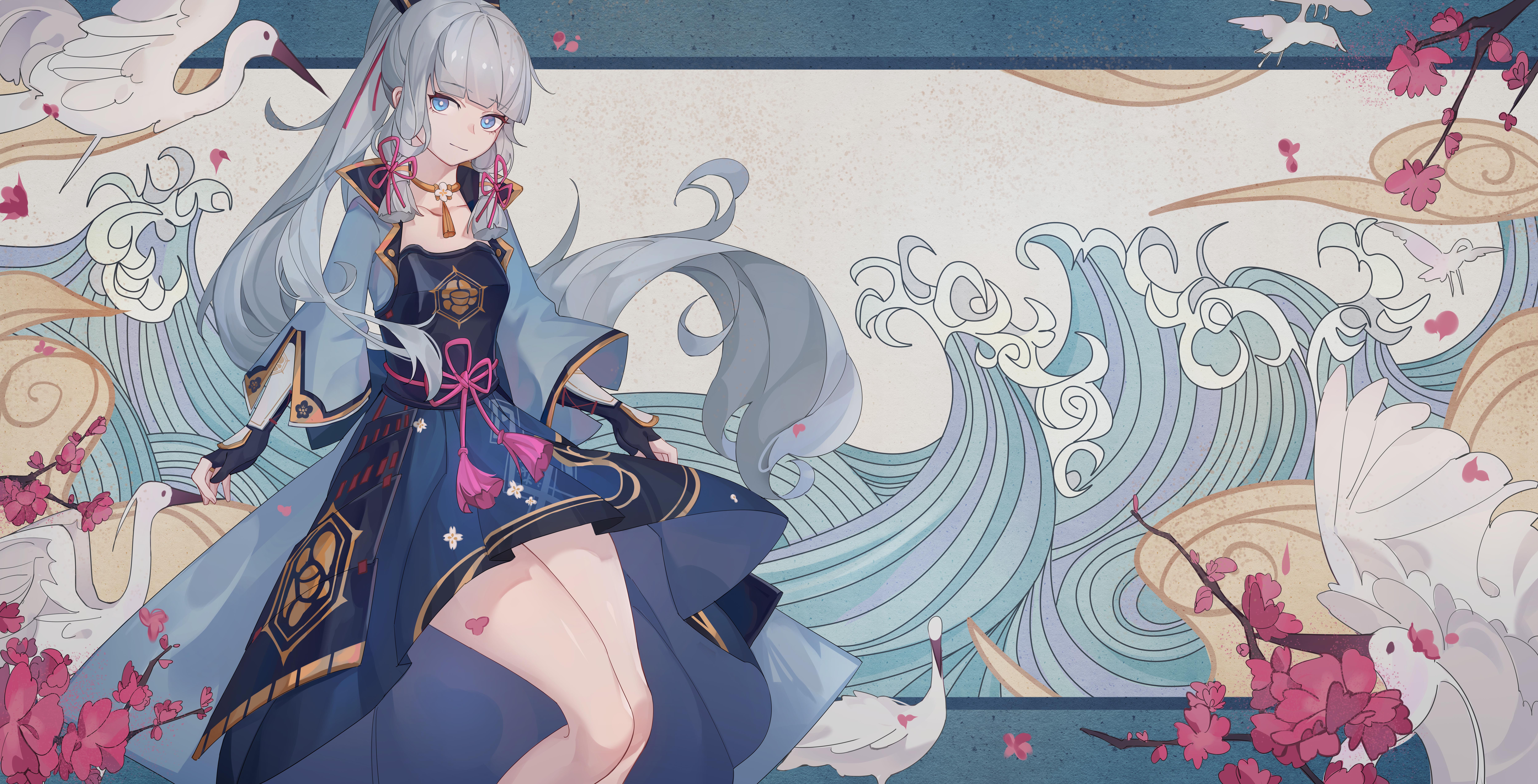Kamisato Ayaka with cranes, cherry blossoms, and waves HD Wallpaper