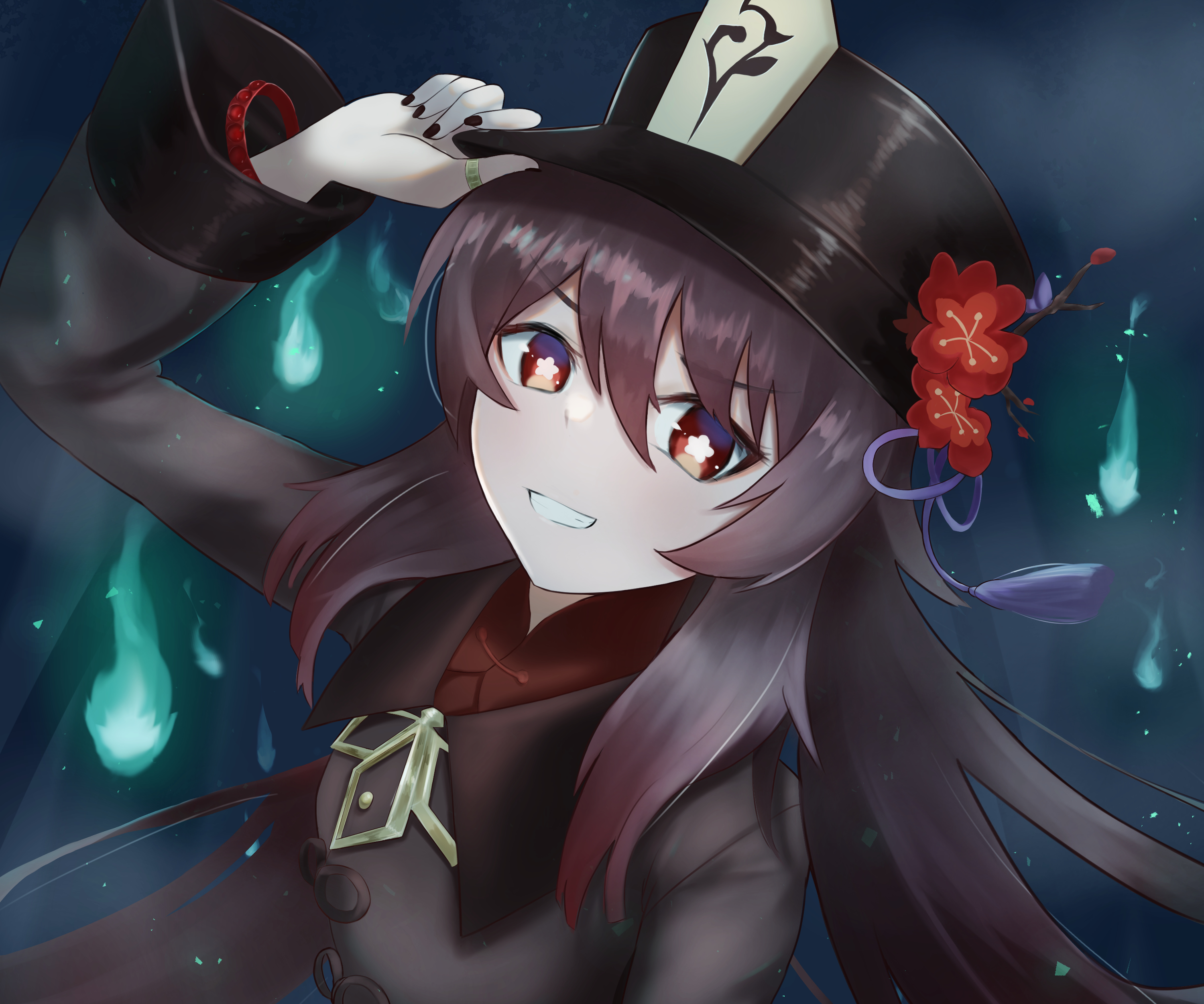 Genshin Impact Hu Tao smiling with hat and ghost flames HD Wallpaper
