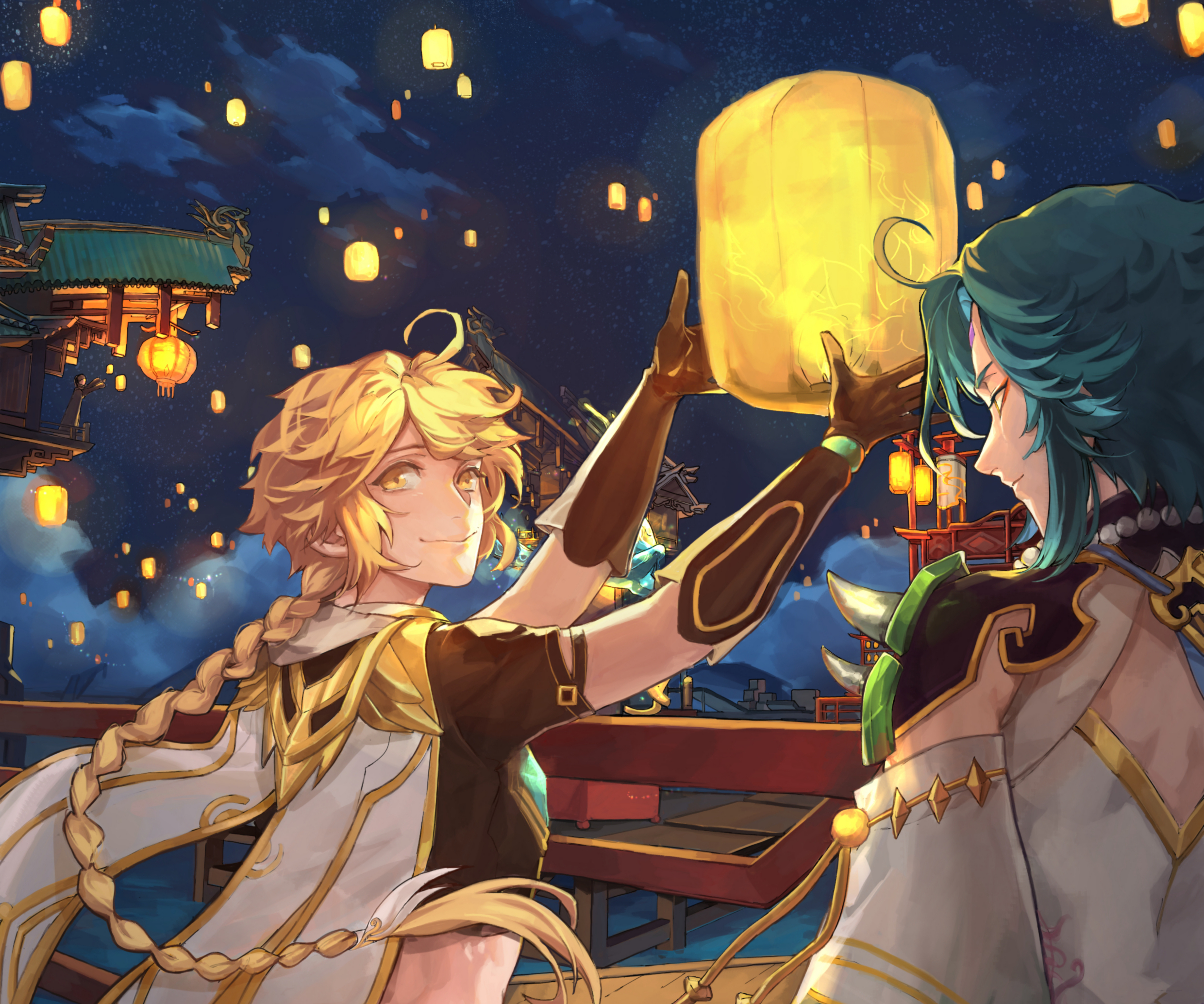 Genshin Impact Aether and Xiao Lantern Rite HD Wallpaper