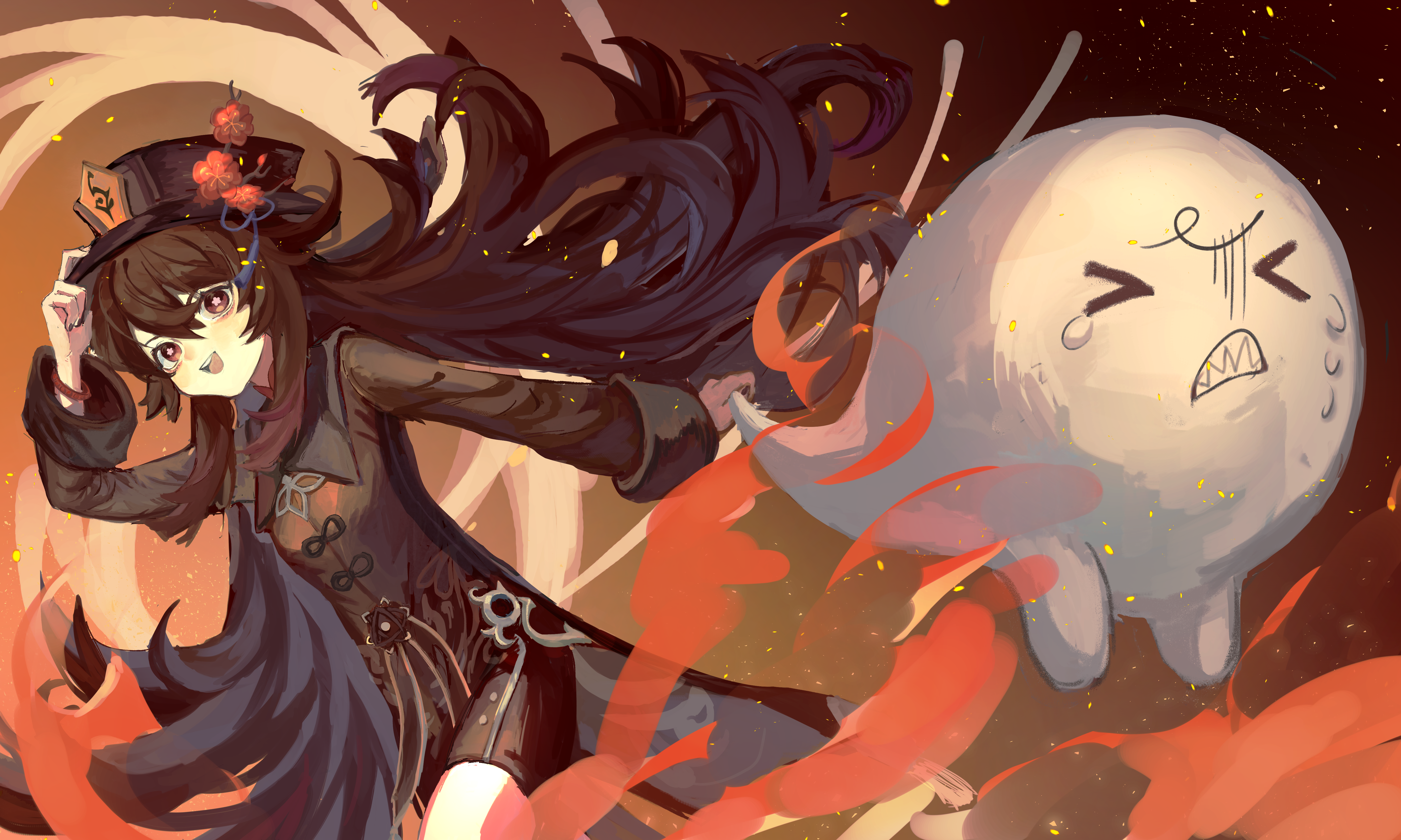 Hu Tao's energetic pyro attack with scared ghost HD Wallpaper
