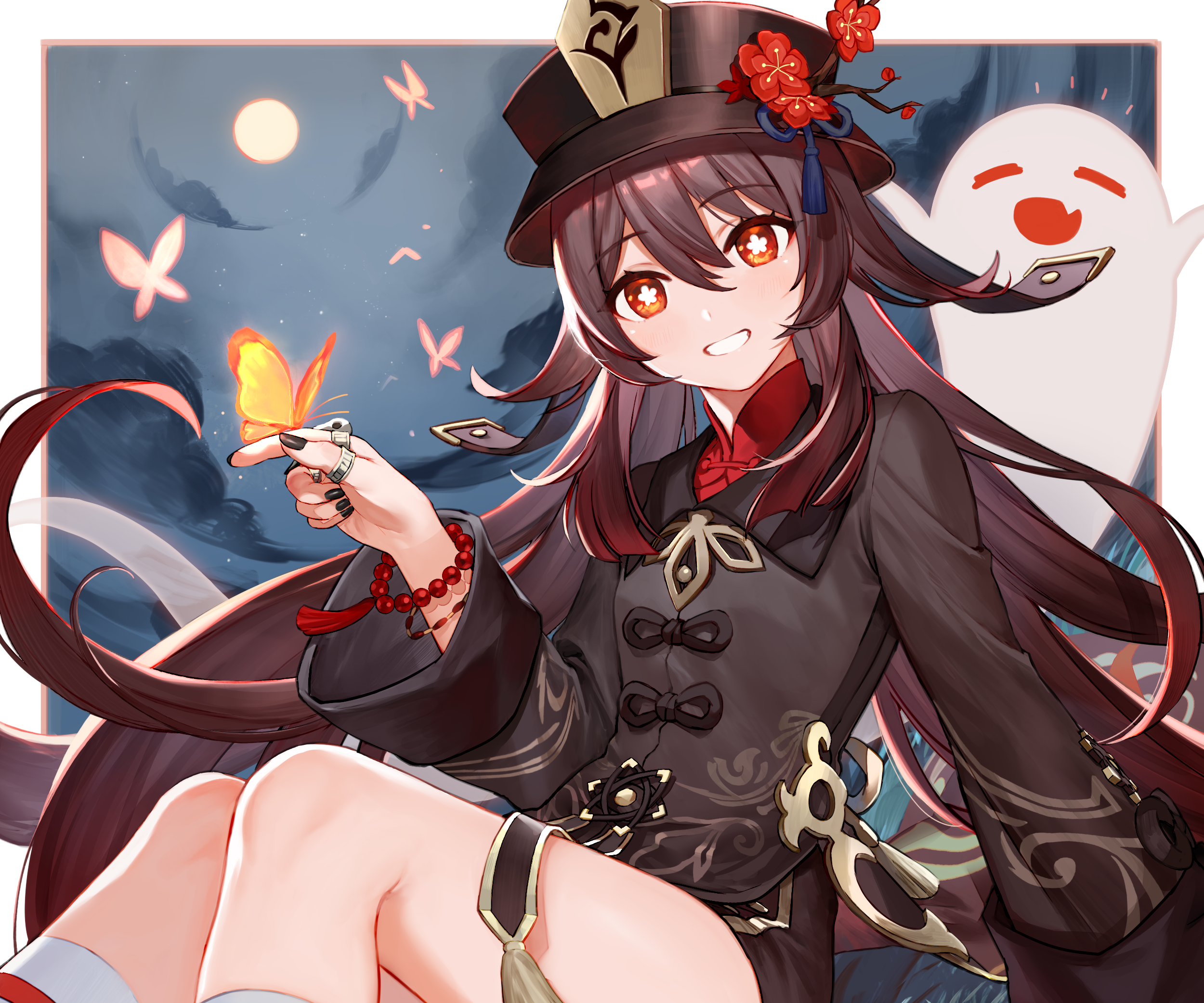 Hu Tao smiling at a glowing butterfly with her ghost HD Wallpaper