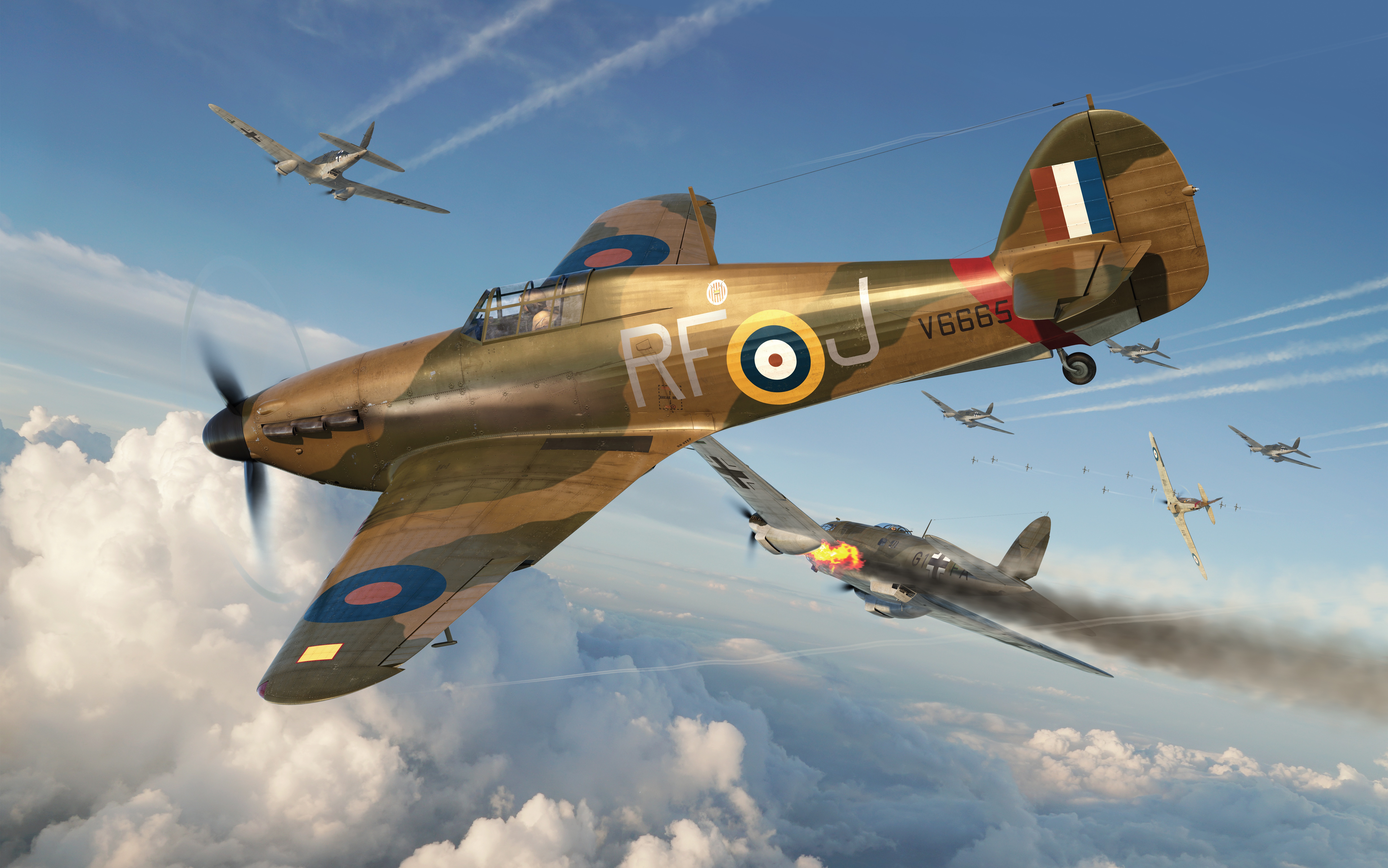 Hawker Hurricane shoots down Heinkel He 111 bomber HD Wallpaper