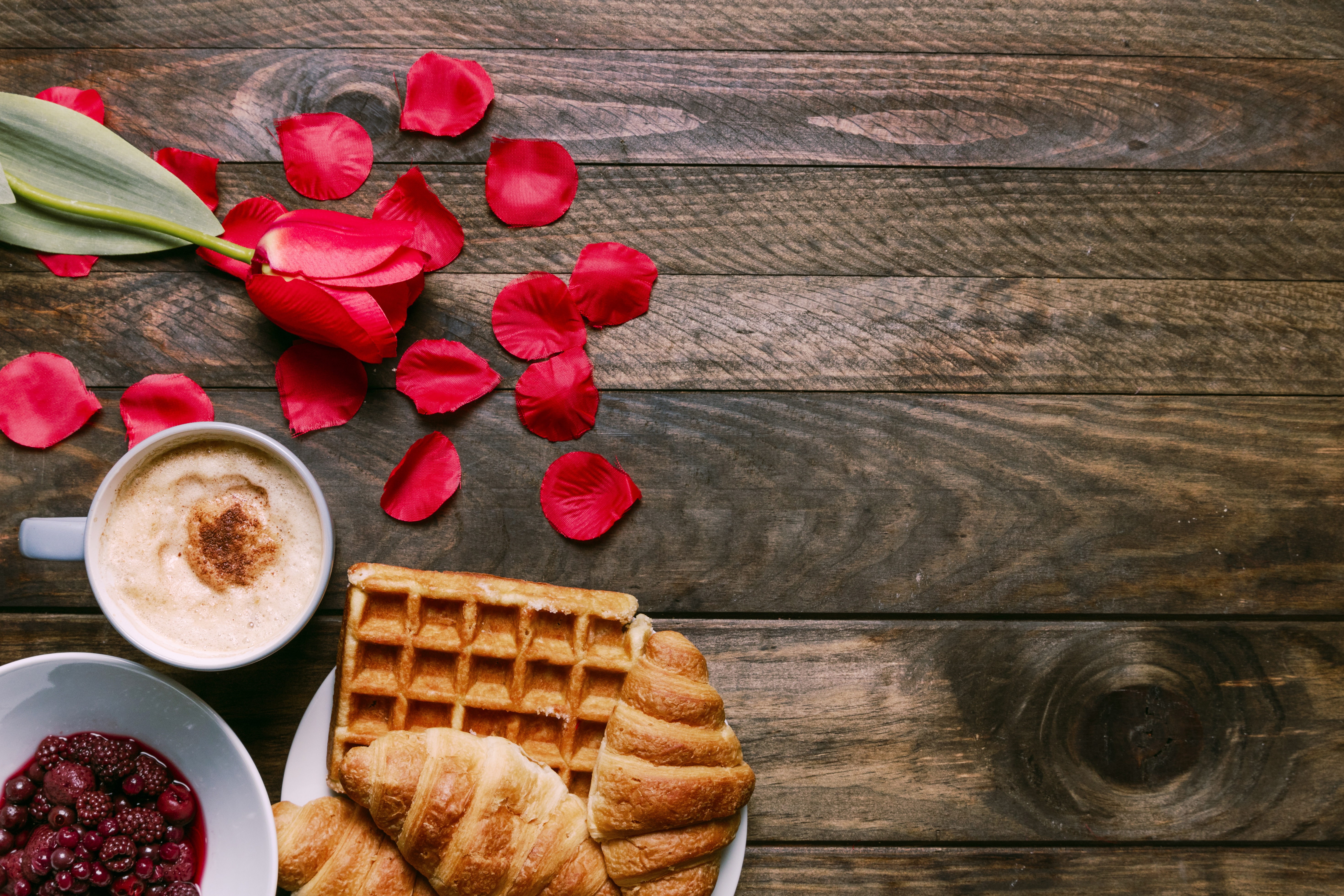 Romantic Breakfast with Coffee, Waffles, and Rose Petals HD Wallpaper