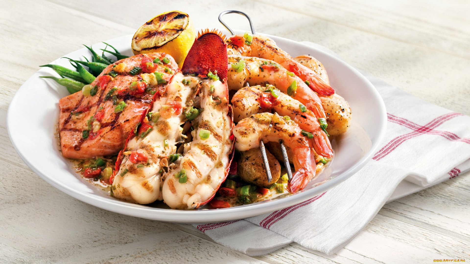 Grilled Salmon, Lobster, and Shrimp Seafood Platter HD Wallpaper