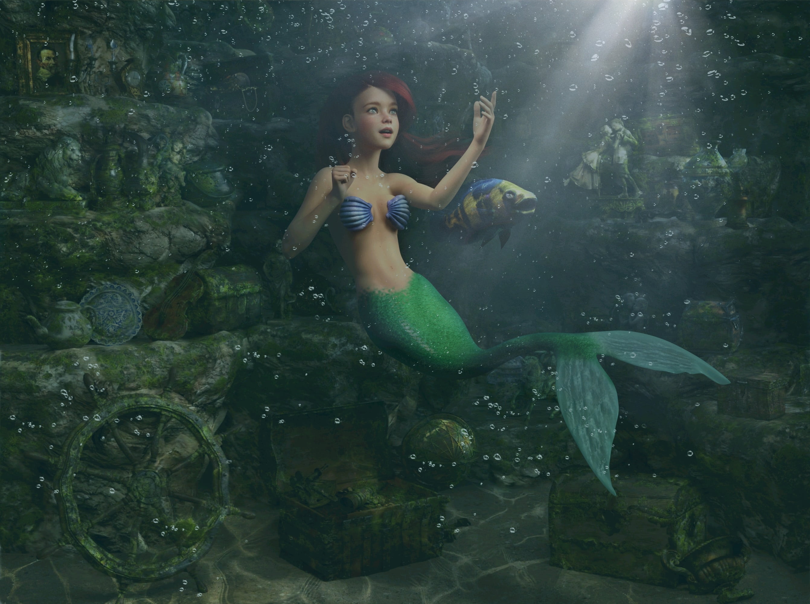 Ariel and Flounder in their underwater grotto HD Wallpaper