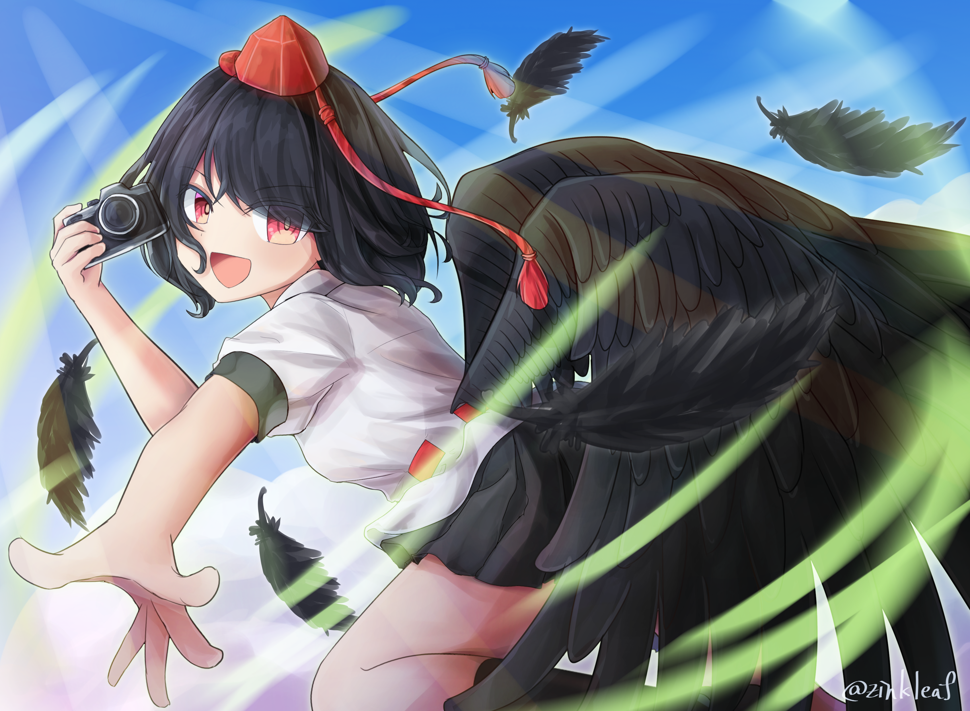 Excited Aya Shameimaru with black wings and camera HD Wallpaper