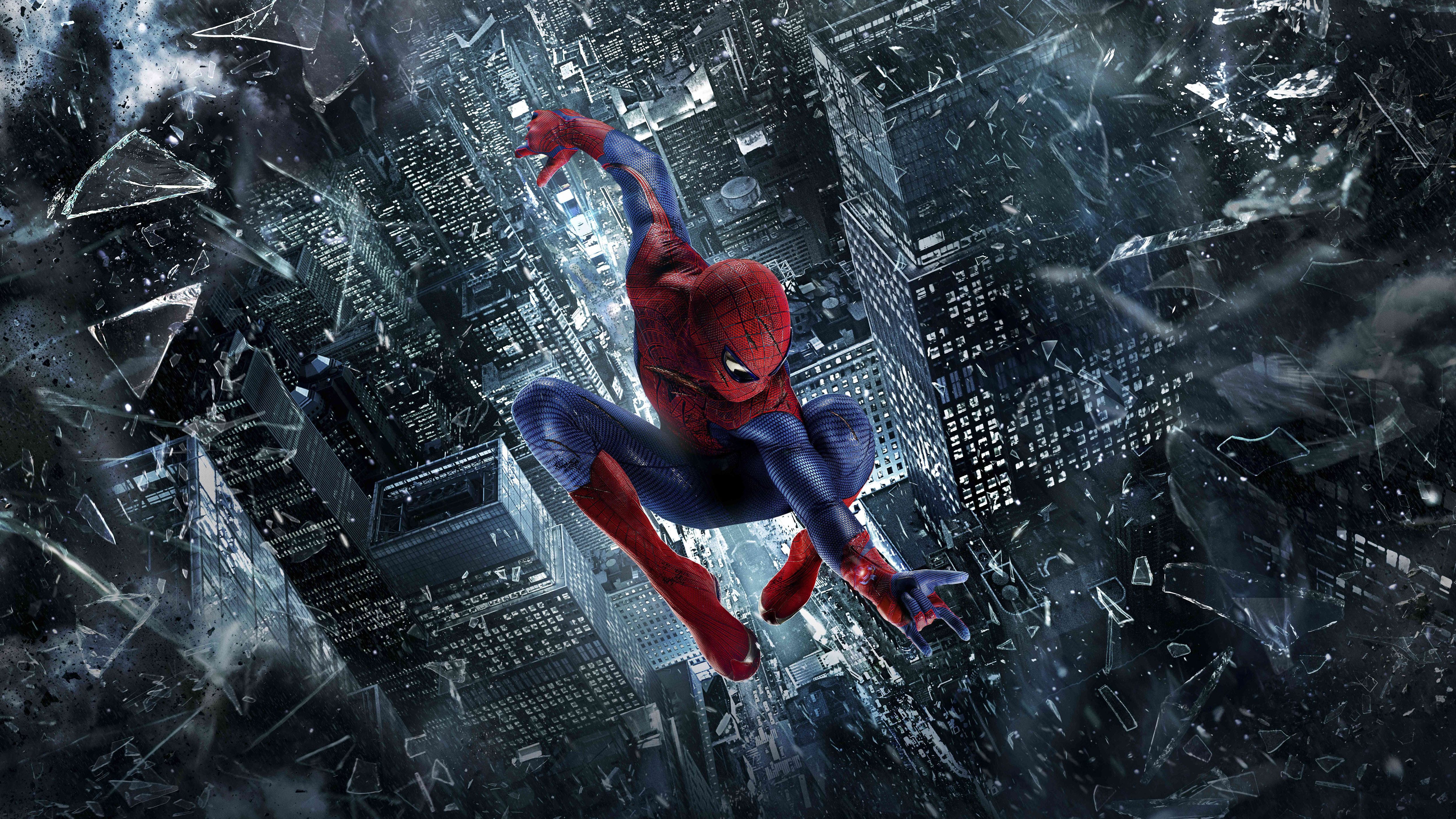 Andrew Garfield Spider-Man diving through shattered city HD Wallpaper