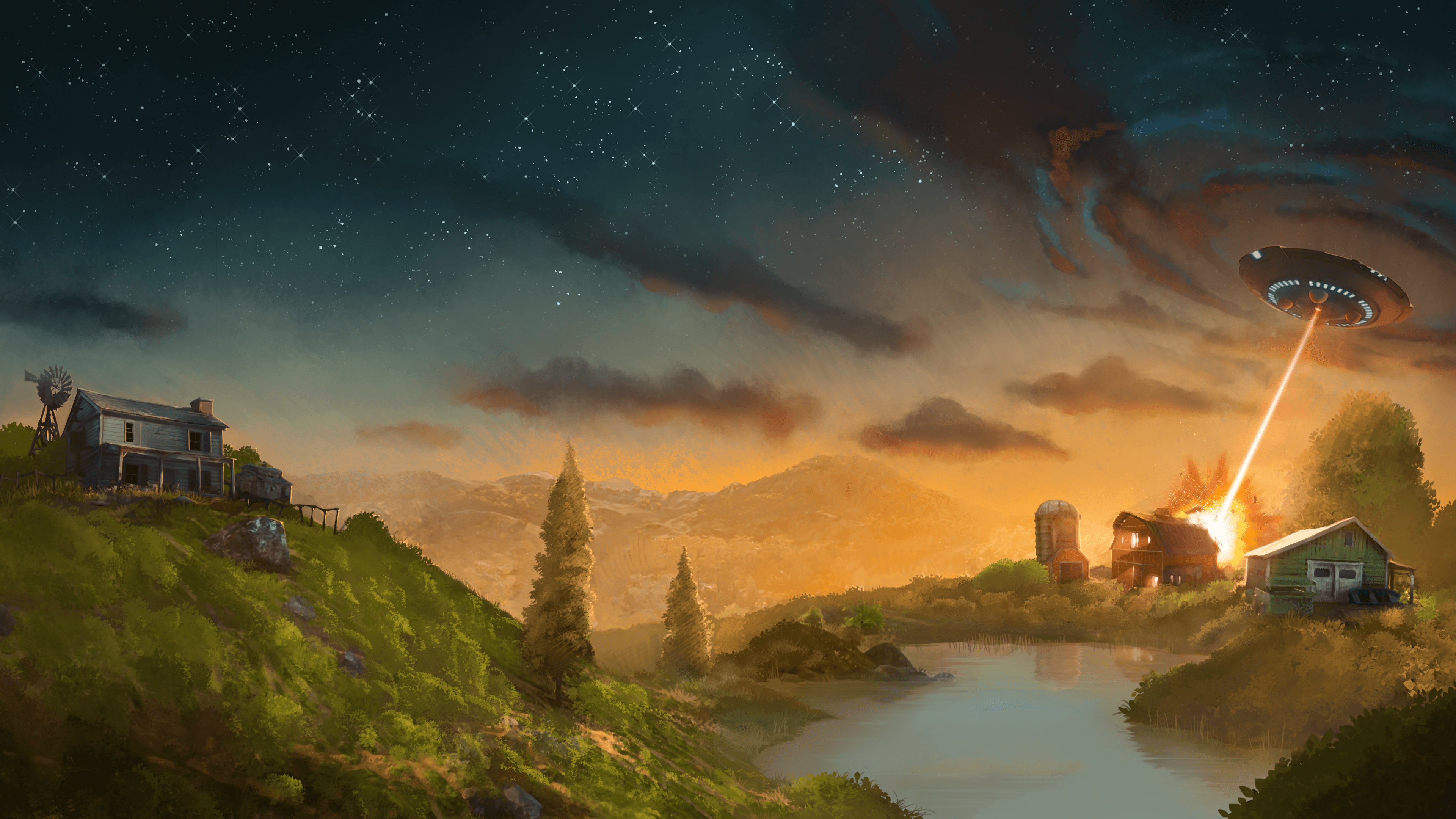 Destroy All Humans! UFO abducting rural farm at dusk HD Wallpaper