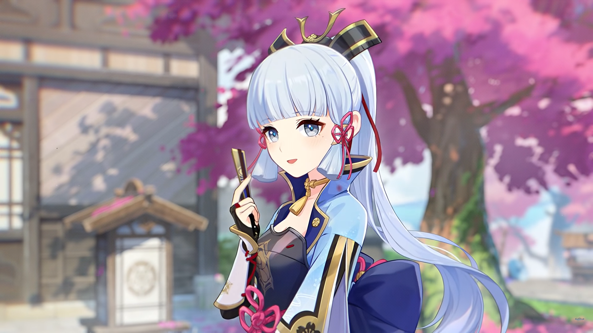 Kamisato Ayaka smiling with cherry blossoms in Genshin Impact HD Wallpaper