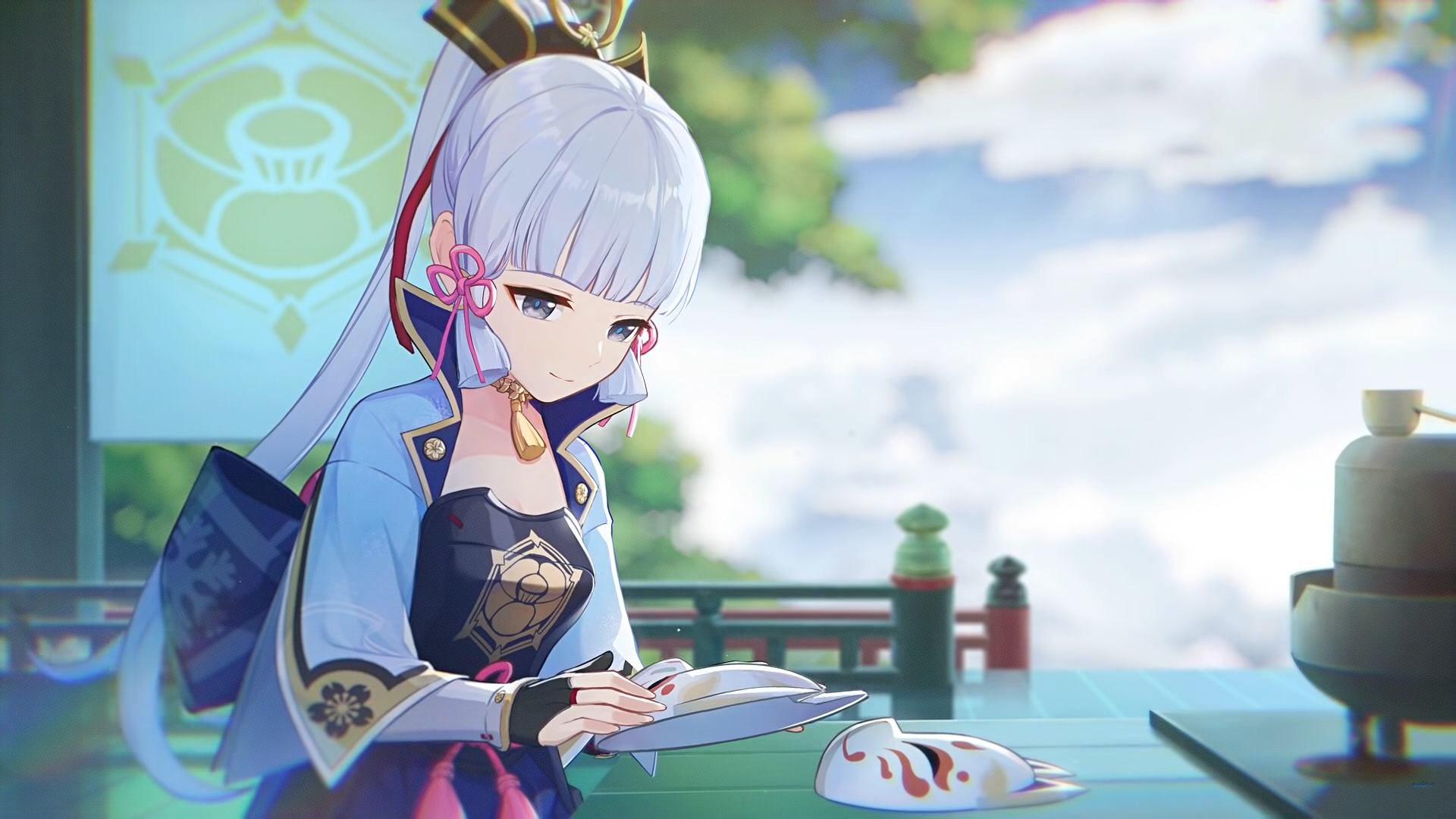 Kamisato Ayaka Reading in Serene Setting HD Wallpaper
