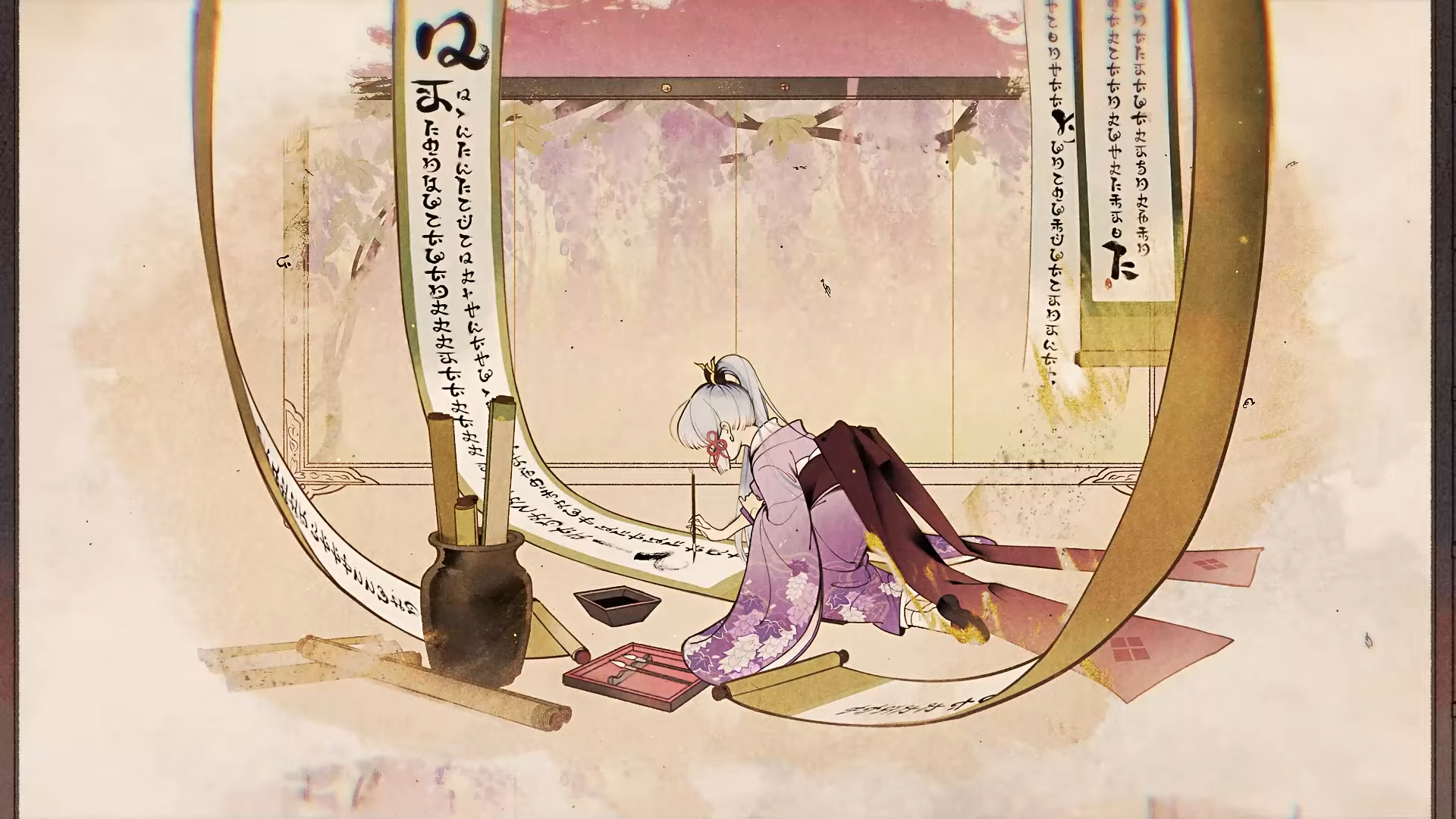 Kamisato Ayaka practicing calligraphy in traditional Japanese setting HD Wallpaper