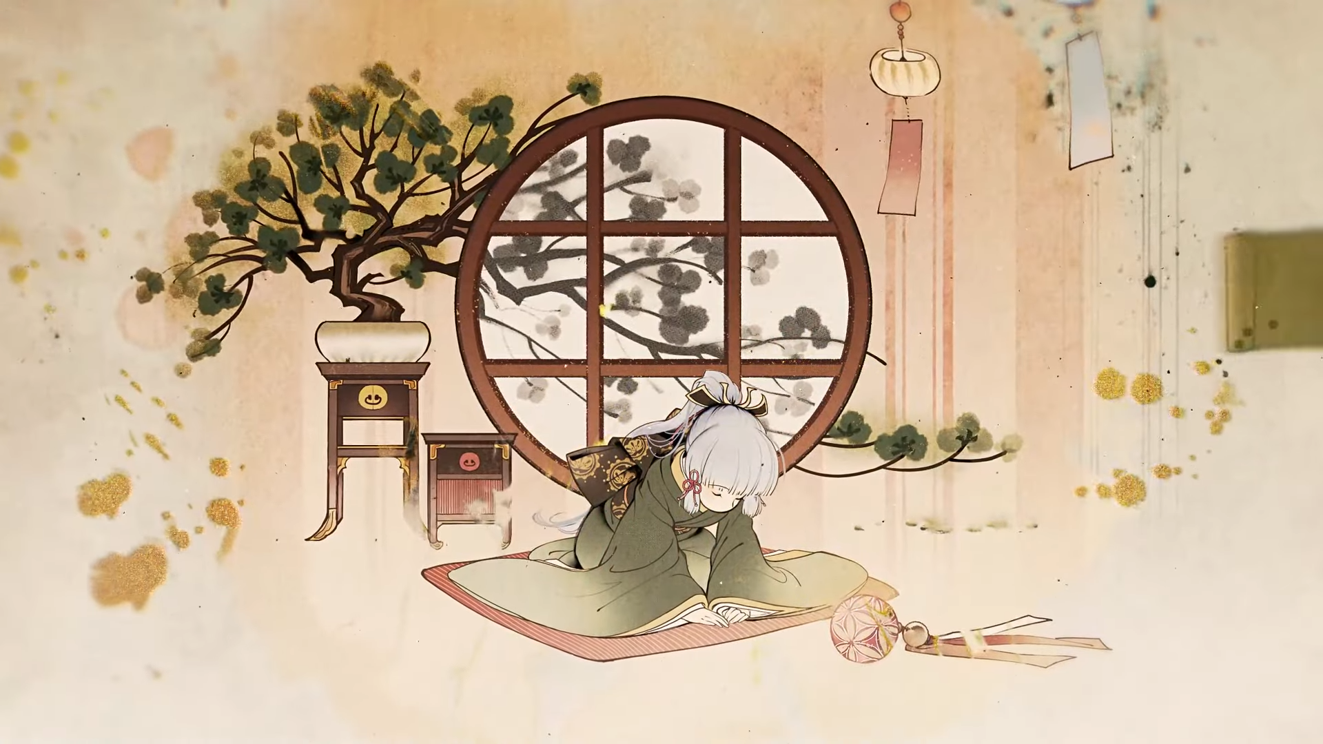 Kamisato Ayaka bowing in traditional Japanese art HD Wallpaper
