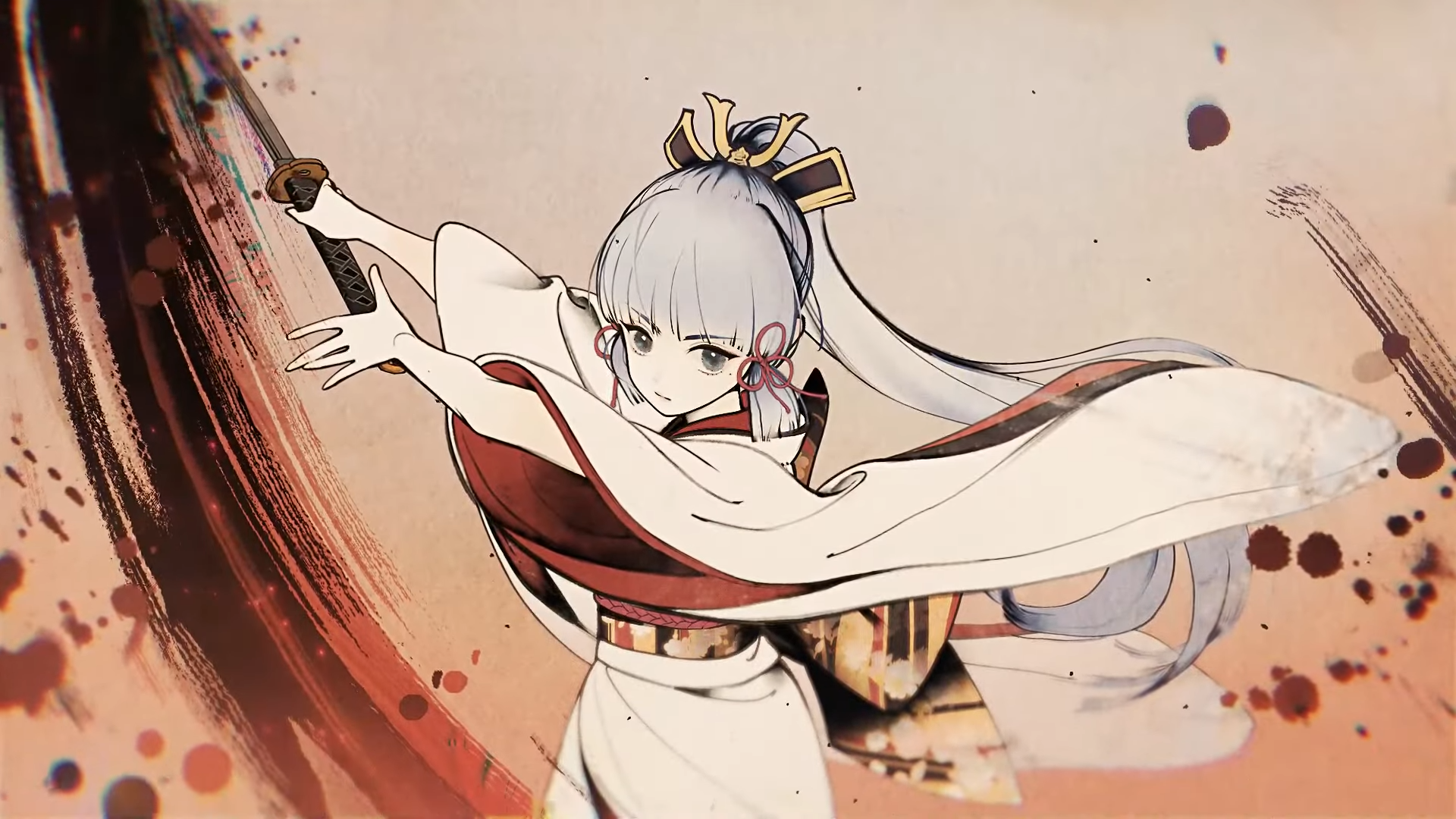 Kamisato Ayaka Genshin Impact Katana Brushstroke Art HD Wallpaper