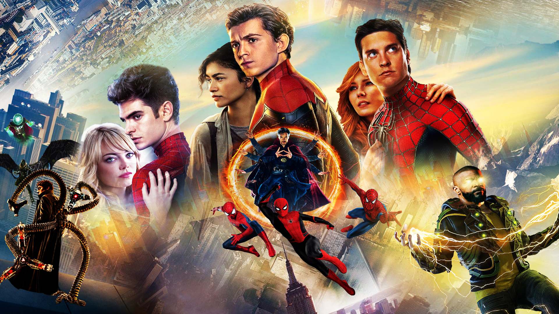 Spider-Man: No Way Home Multiverse with Three Spider-Men HD Wallpaper