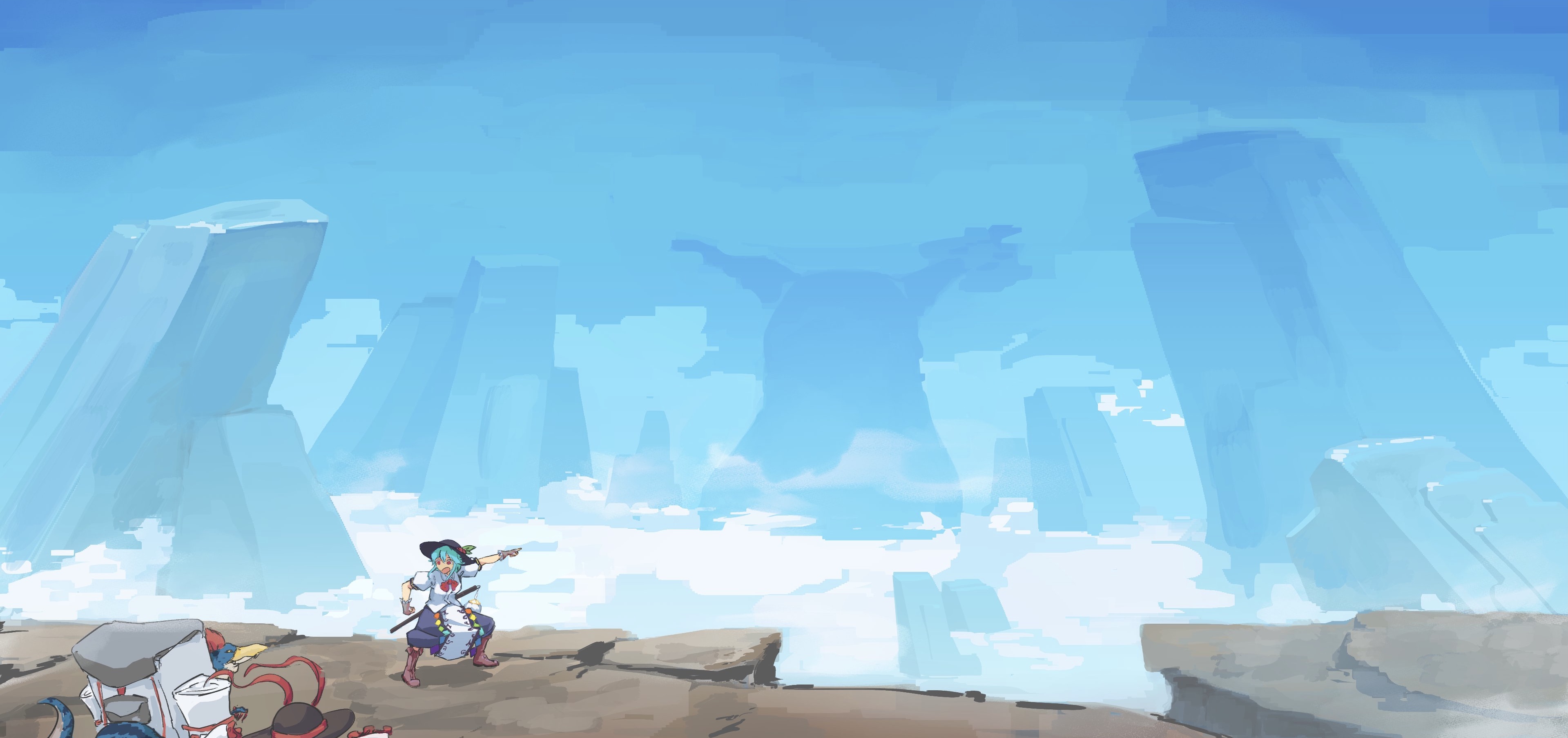 Suika Ibuki confronts giant in sky world HD Wallpaper