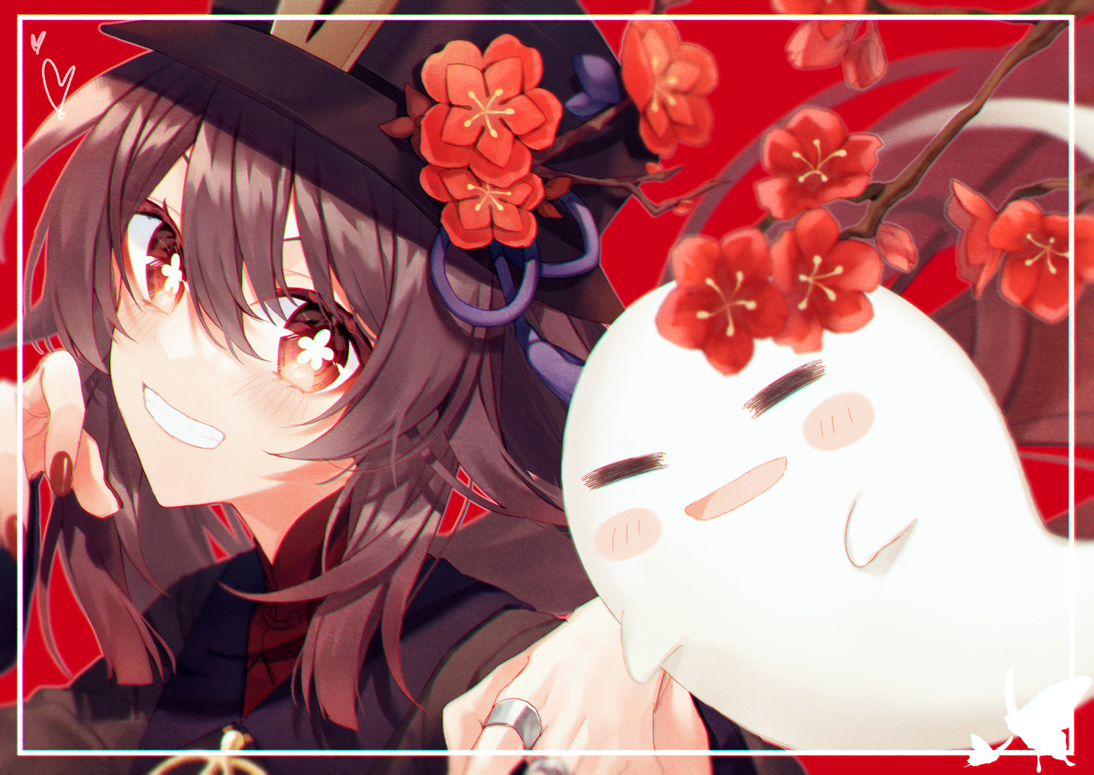 Genshin Impact Hu Tao and Ghost with Plum Blossoms HD Wallpaper