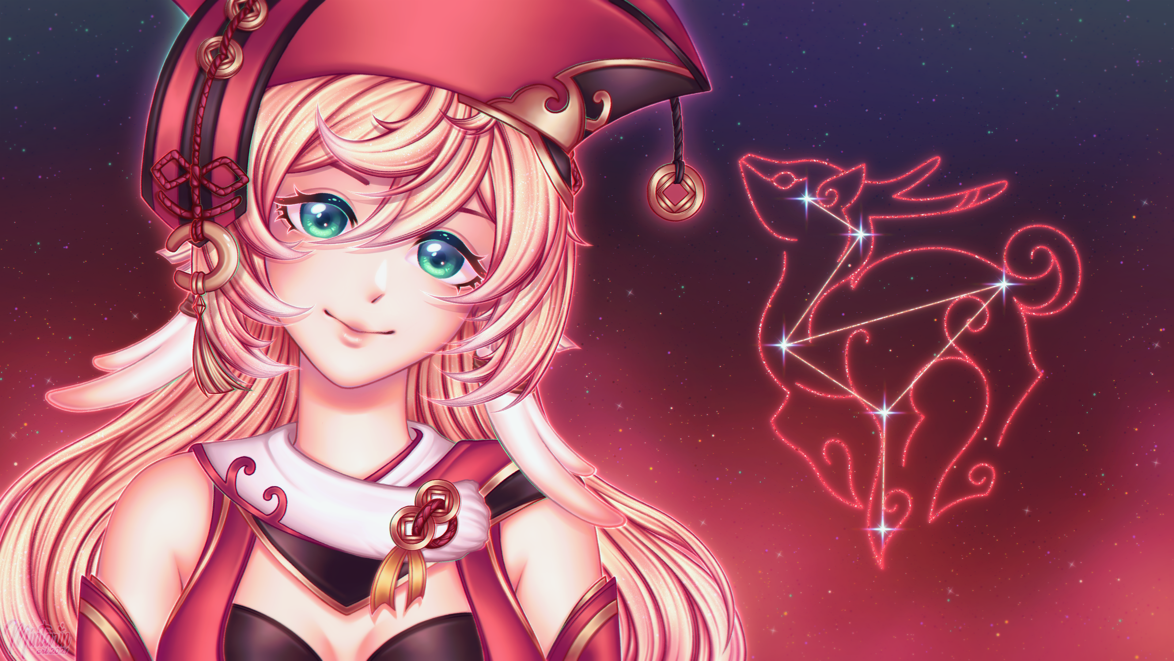Yanfei (Genshin Impact) and Glowing Deer Constellation HD Wallpaper