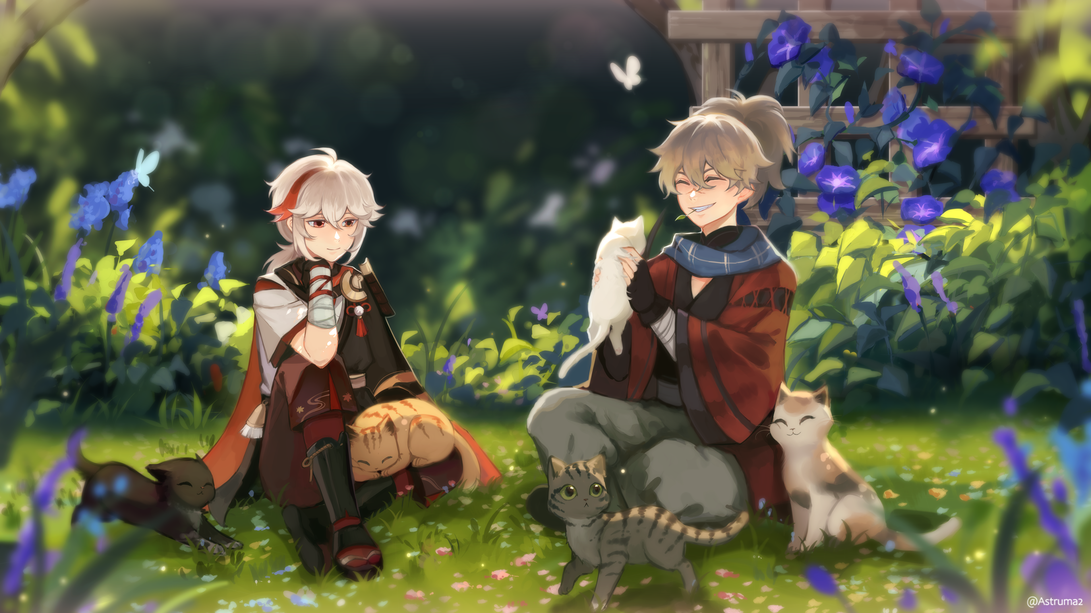 Kaedehara Kazuha and Heizou with cats in a garden HD Wallpaper
