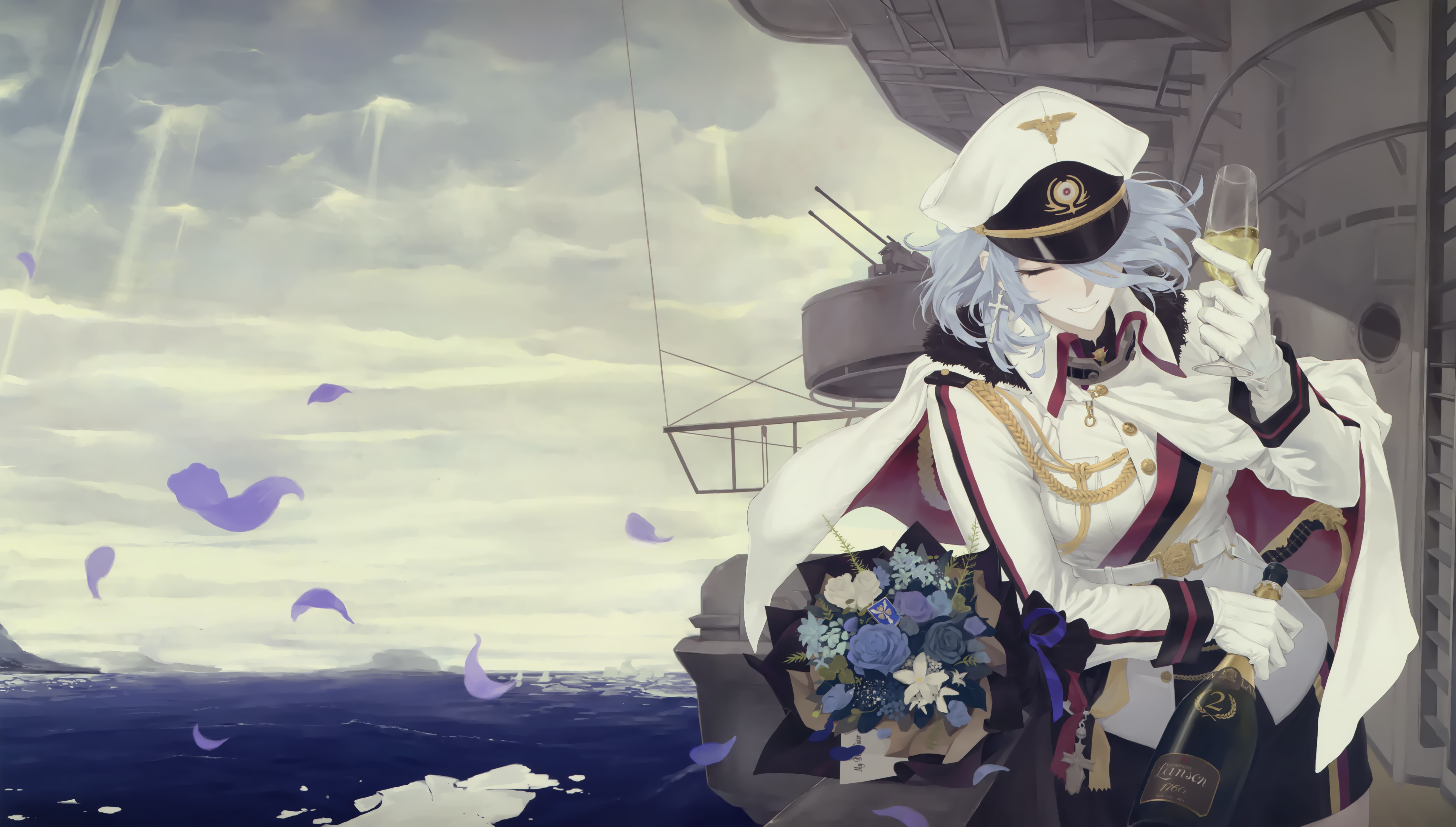 Tirpitz (Azur Lane) celebrating on a battleship with champagne HD Wallpaper