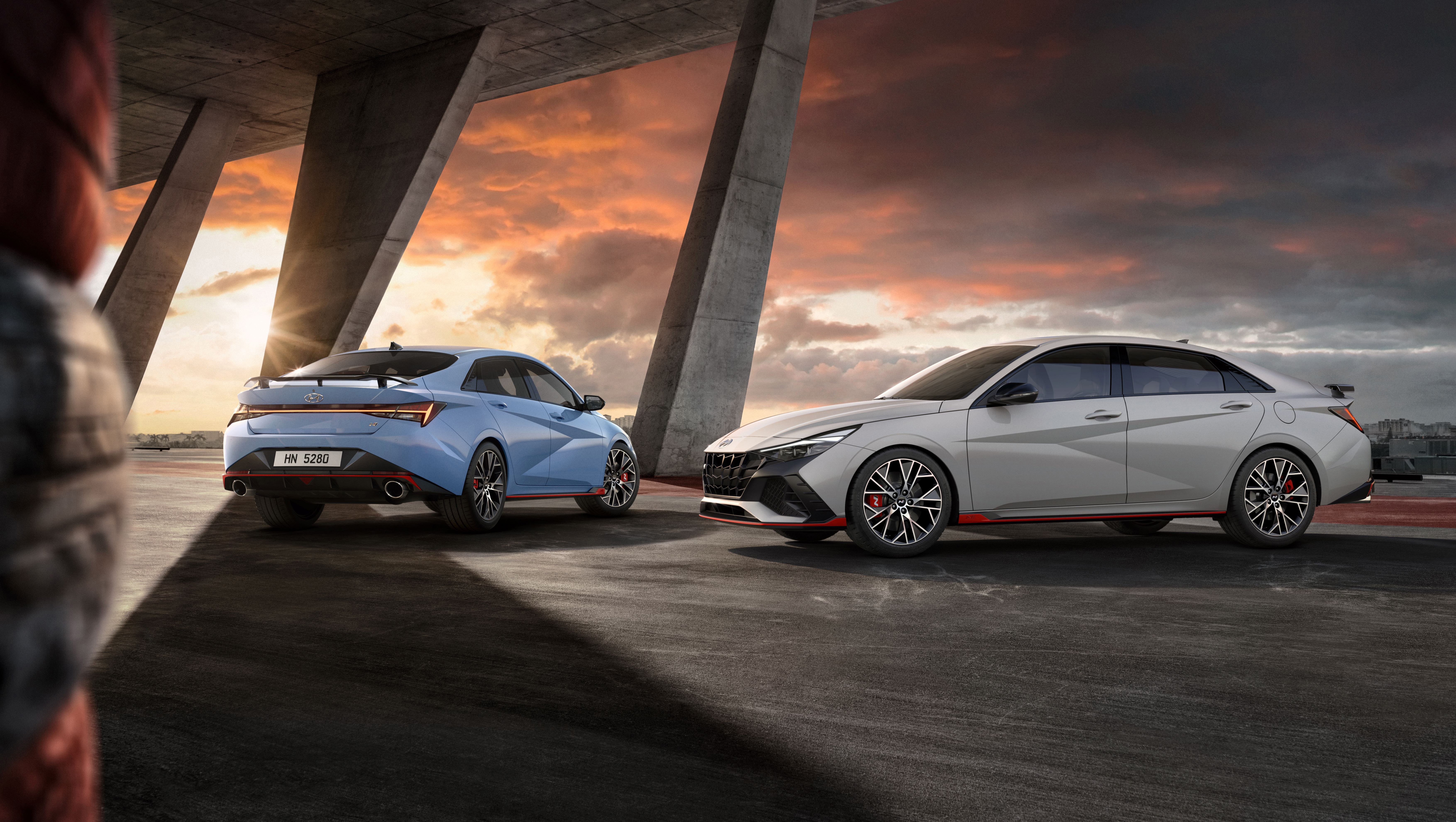 Two 2021 Hyundai Elantra N Sport Cars at Sunset HD Wallpaper