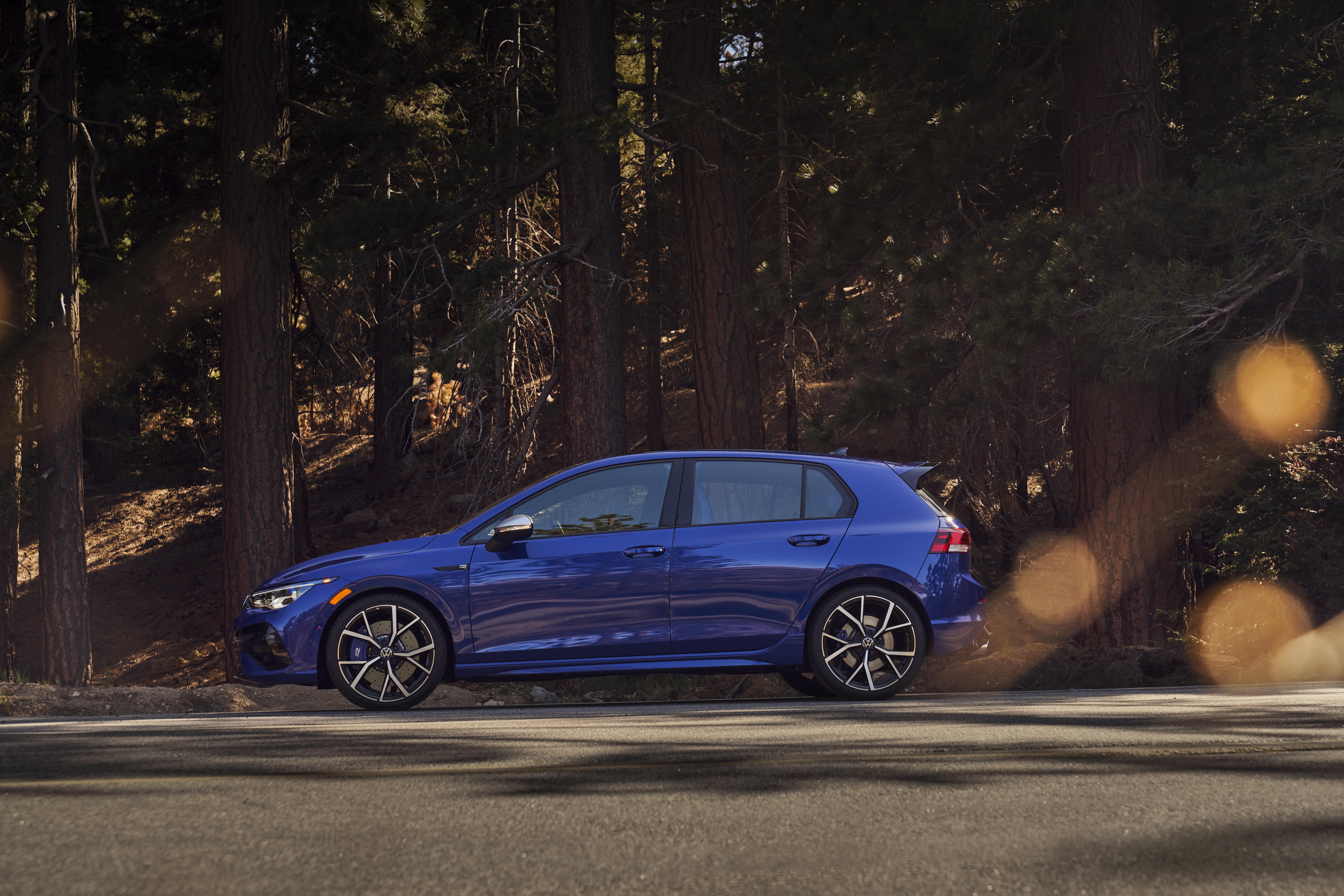 Blue 2022 Volkswagen Golf R in a forest setting HD Wallpaper