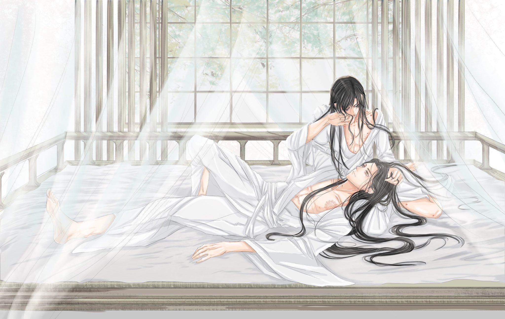 Lan Wangji and Wei Wuxian intimate moment in bed HD Wallpaper