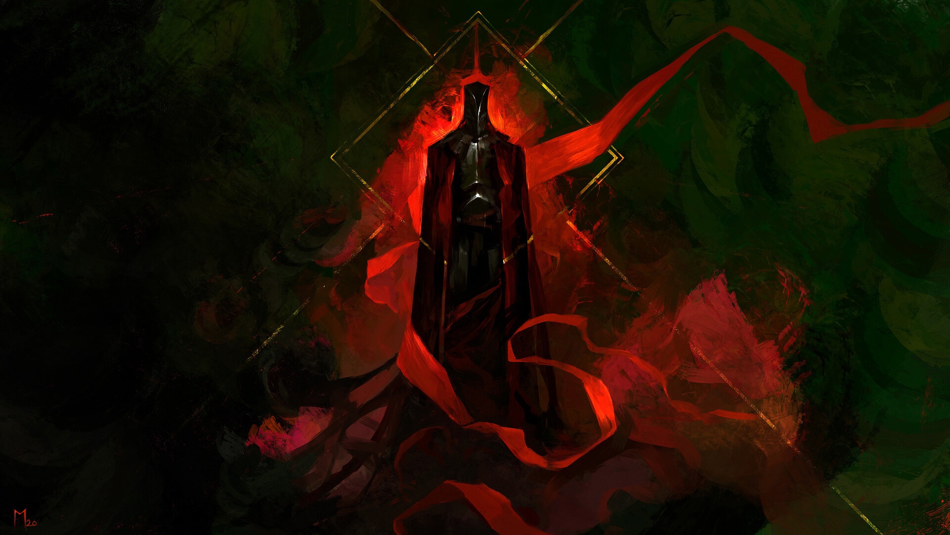 Dark Warrior in Red with Gold Frame HD Wallpaper
