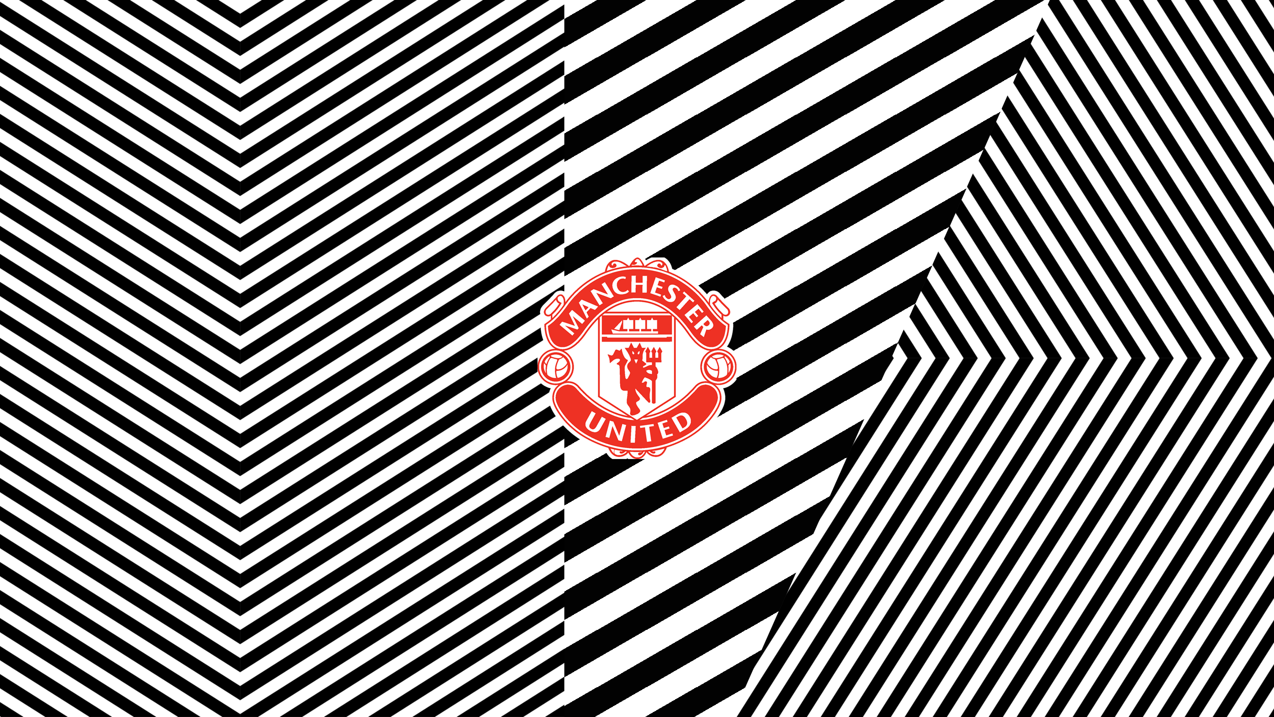 Manchester United logo on black and white chevron pattern HD Wallpaper