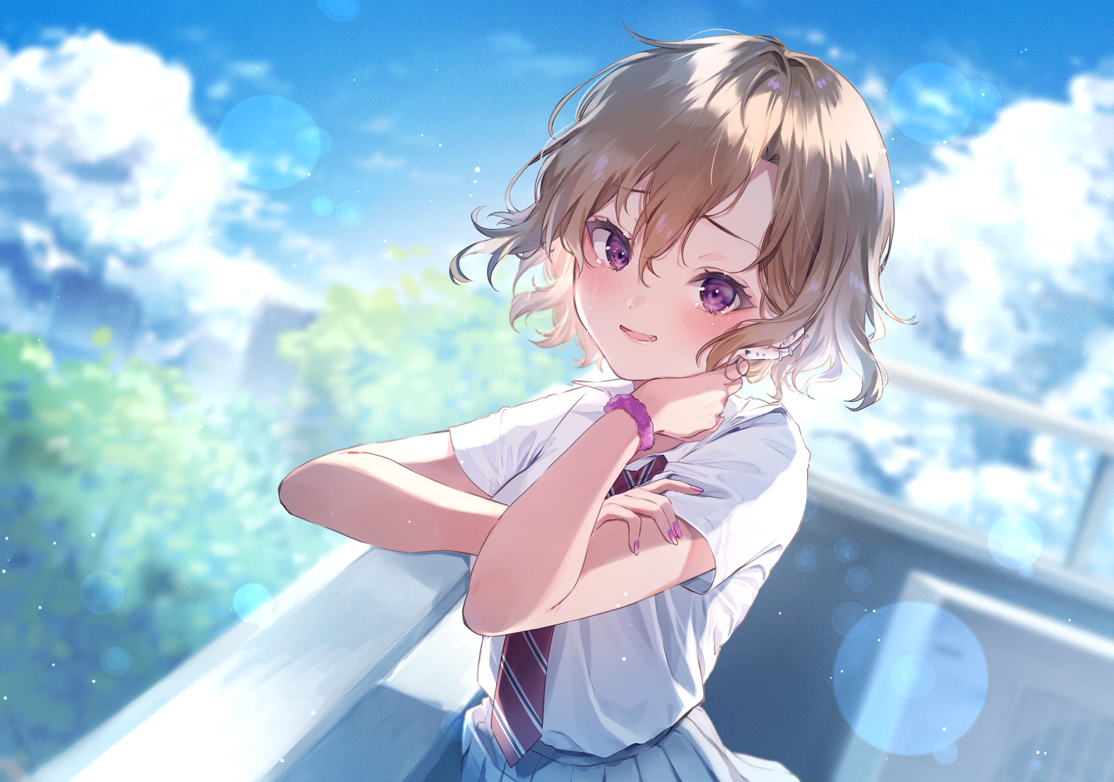 Girl with purple eyes and short blonde hair HD Wallpaper