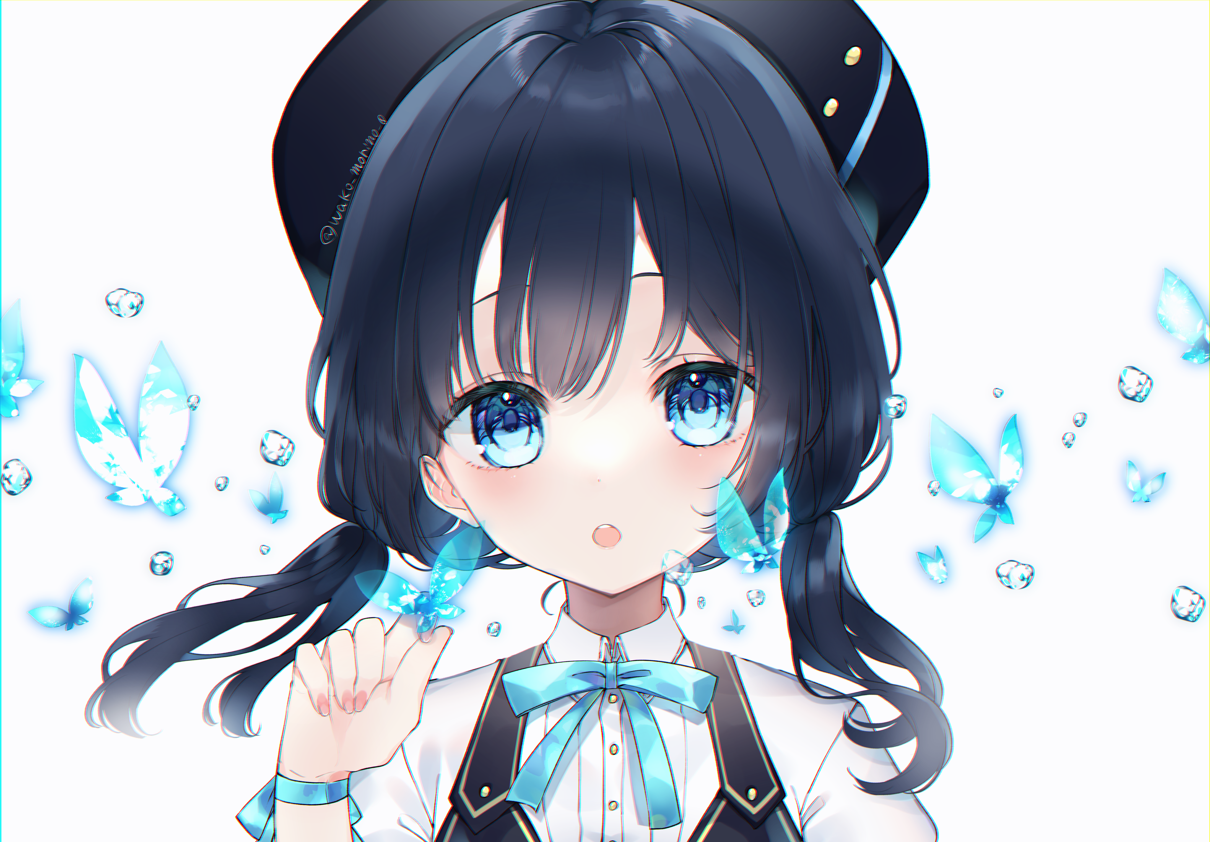 Girl with black hair, blue eyes, and butterflies HD Wallpaper