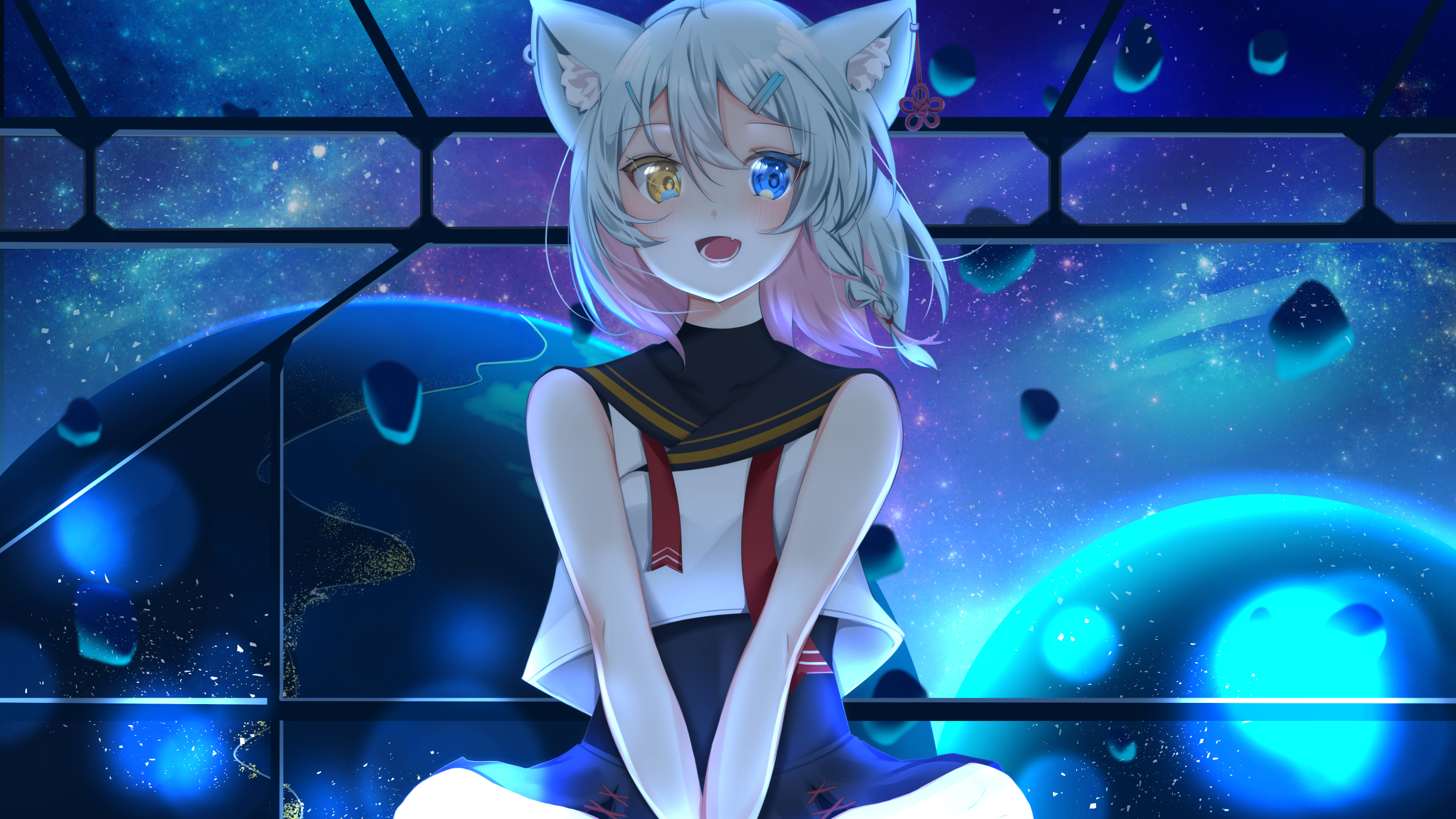 Anime Girl with Heterochromia and Animal Ears in Space HD Wallpaper