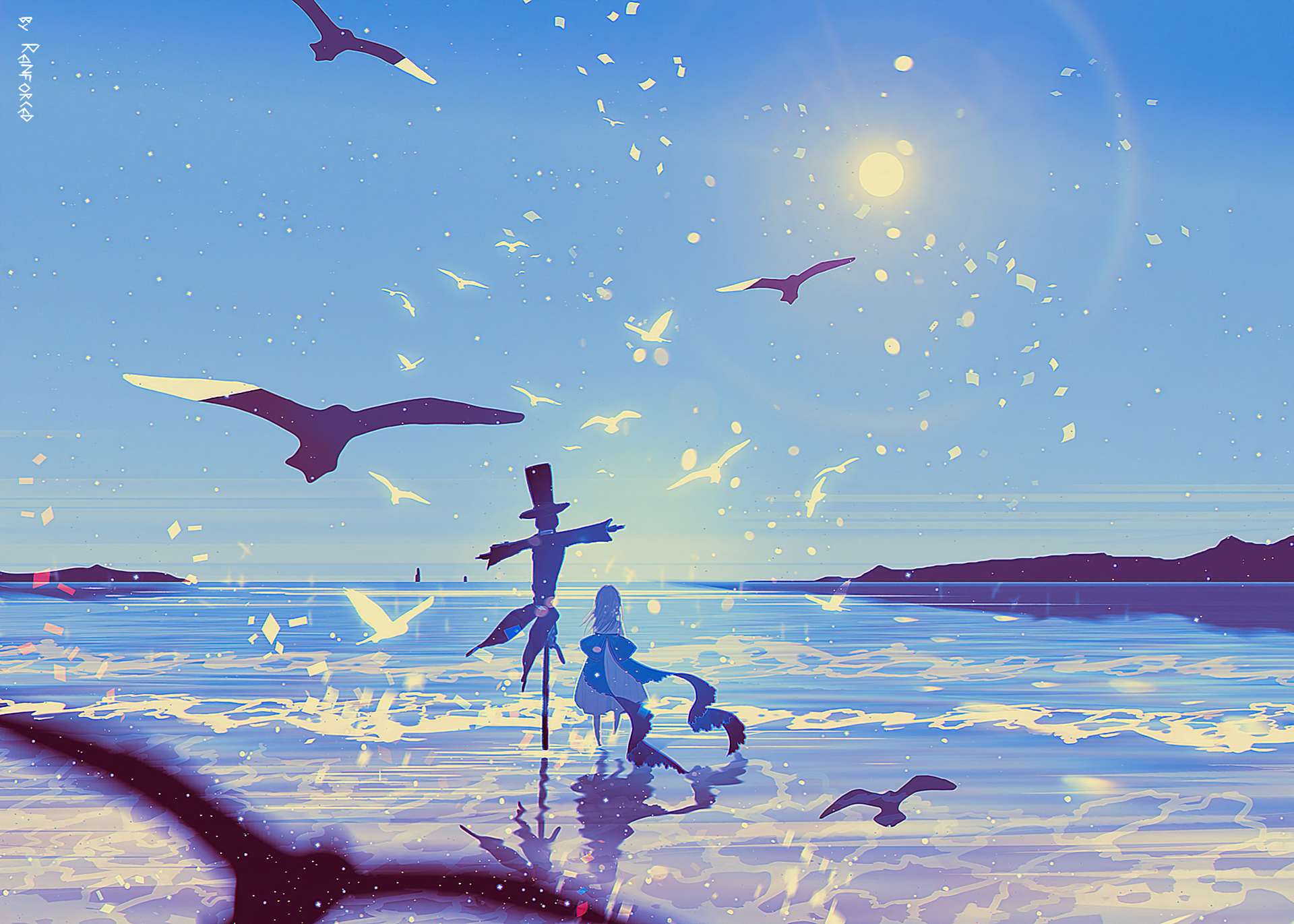Girl with Scarecrow and Birds by the Sea HD Wallpaper