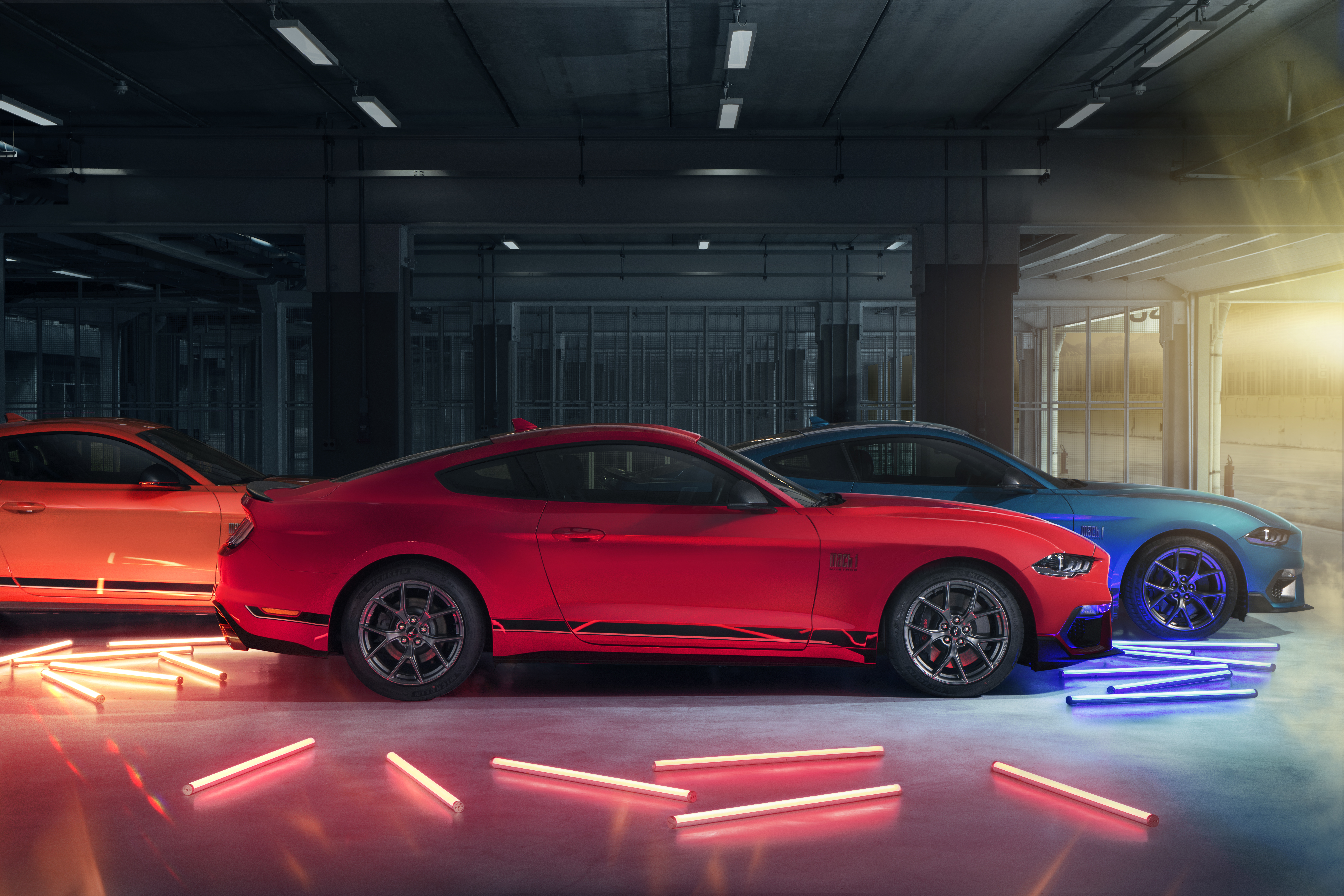 Ford Mustang Mach 1 Muscle Cars in Neon Lights HD Wallpaper