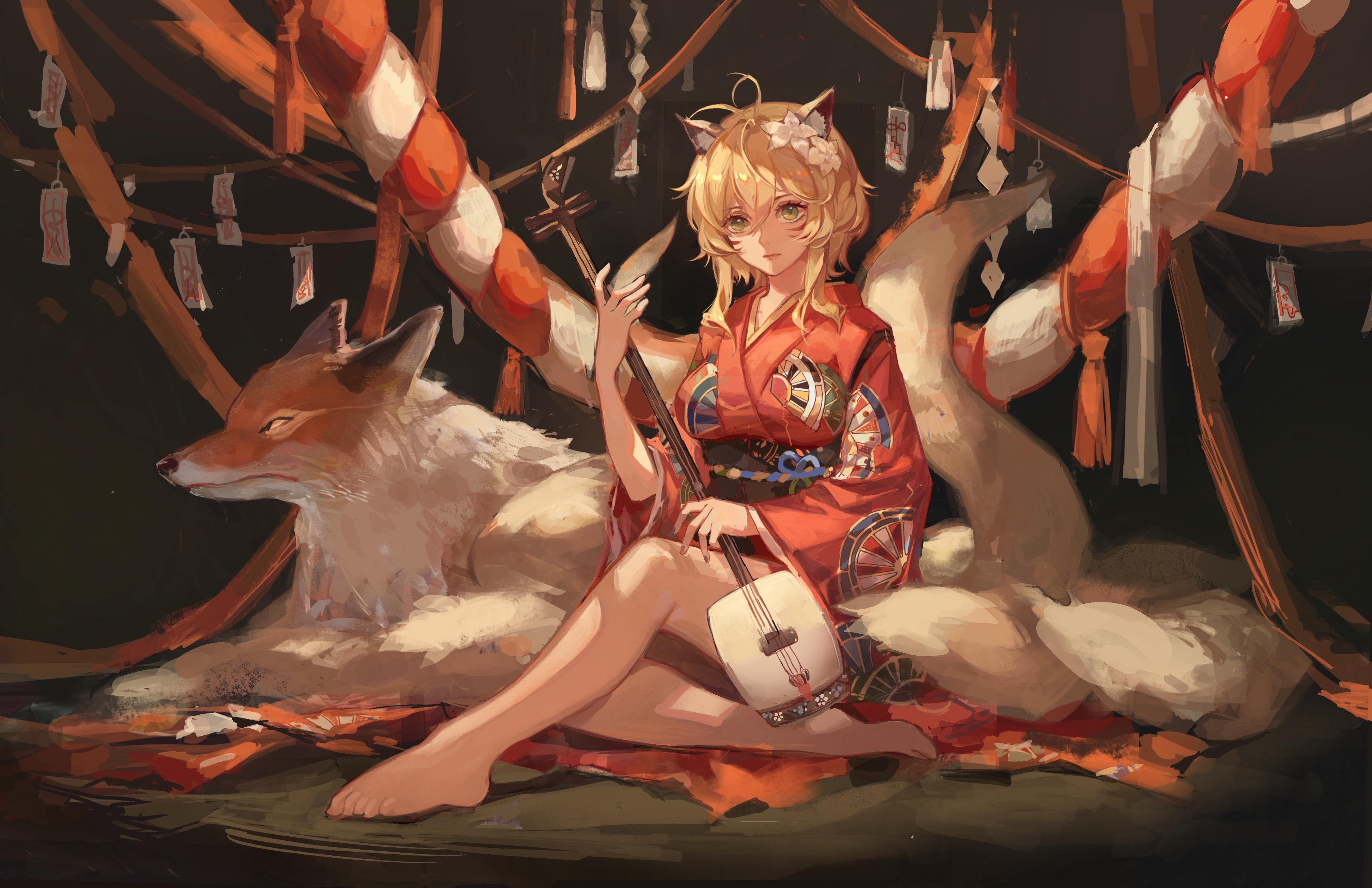 Lumine with fox spirit and shamisen HD Wallpaper