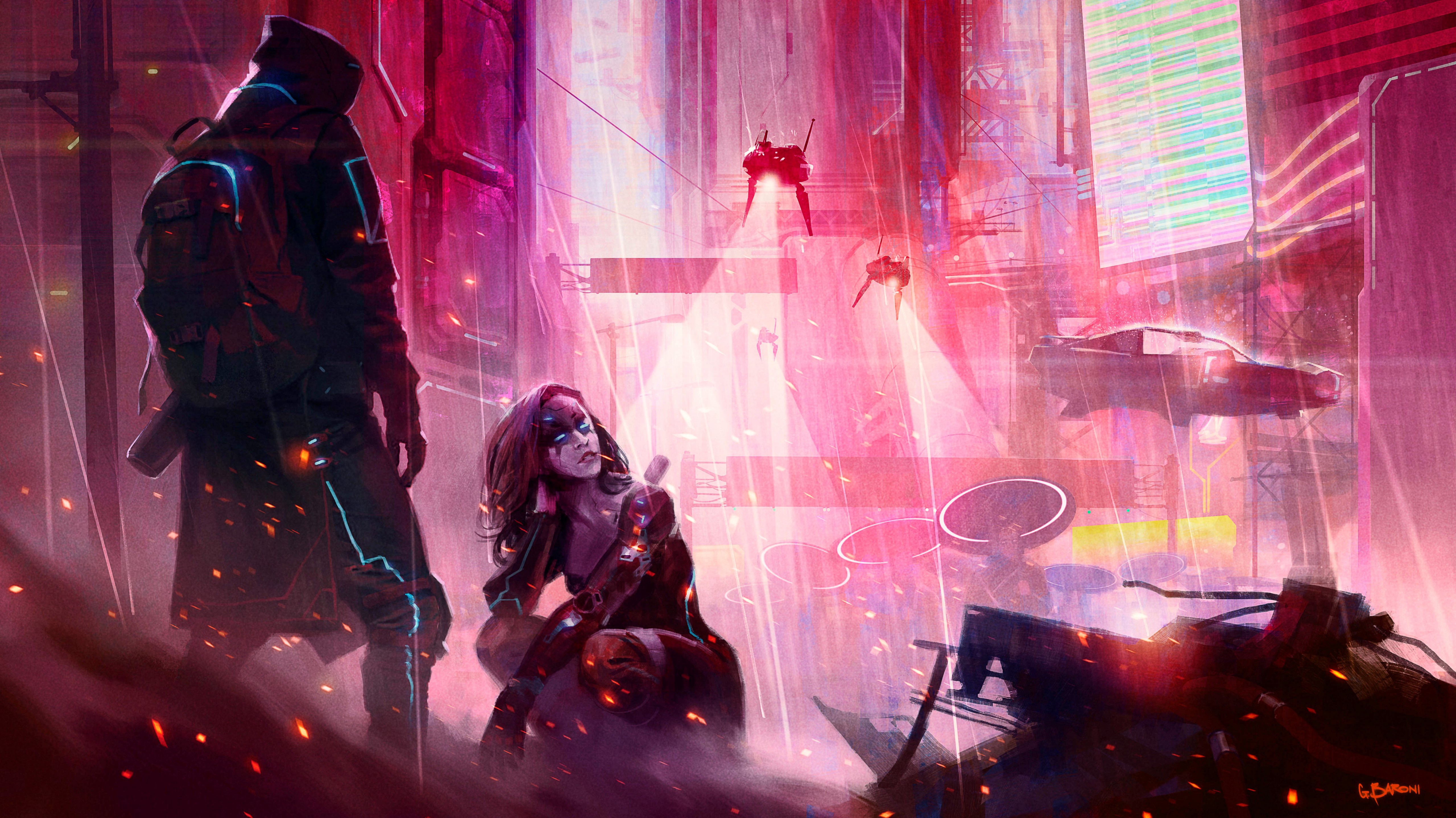 Cyberpunk city with cyborgs and flying cars HD Wallpaper
