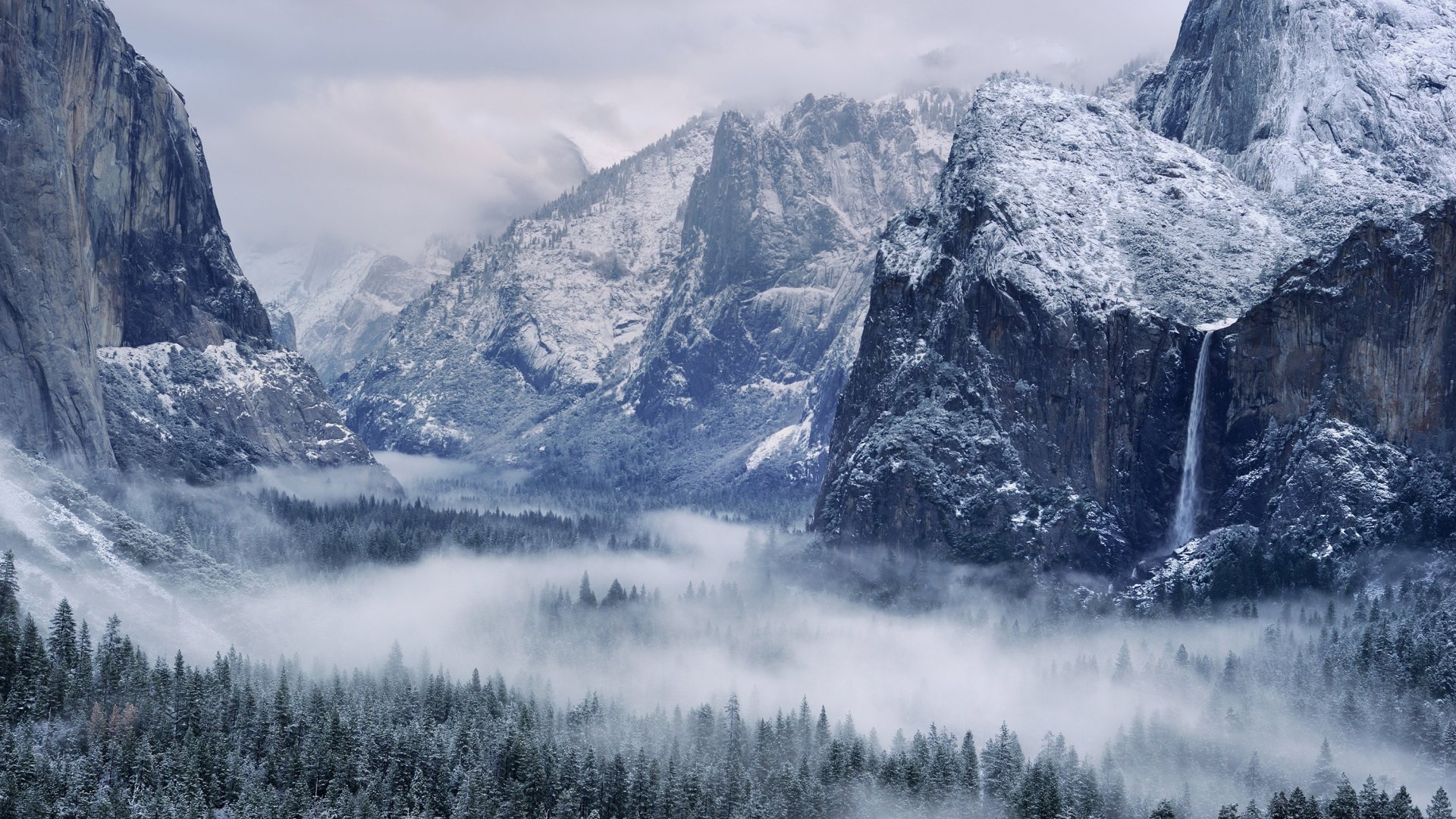 Yosemite National Park winter waterfall and misty forest HD Wallpaper