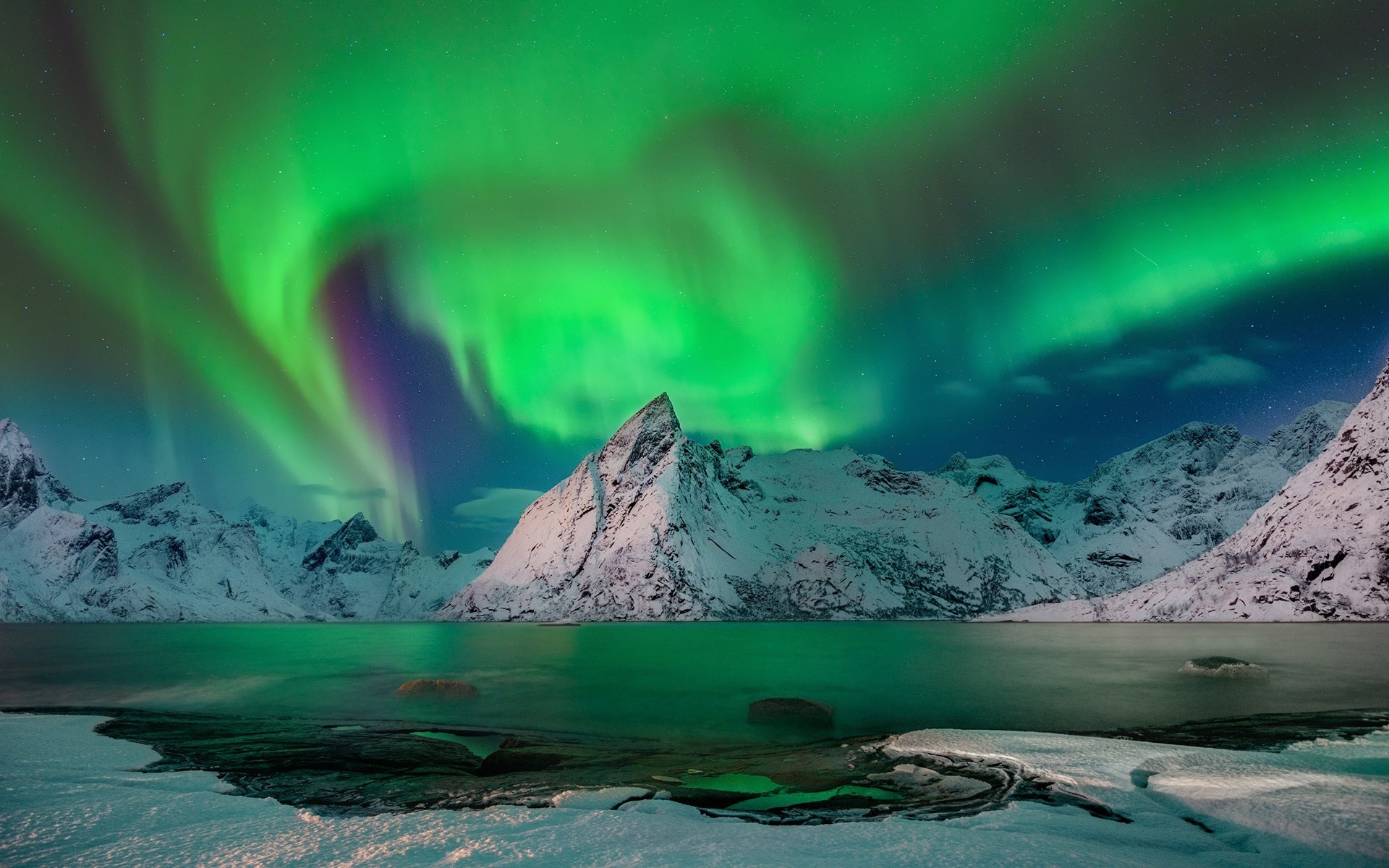 Aurora Borealis Over Snow Capped Mountains In Norway Hd Wallpaper 