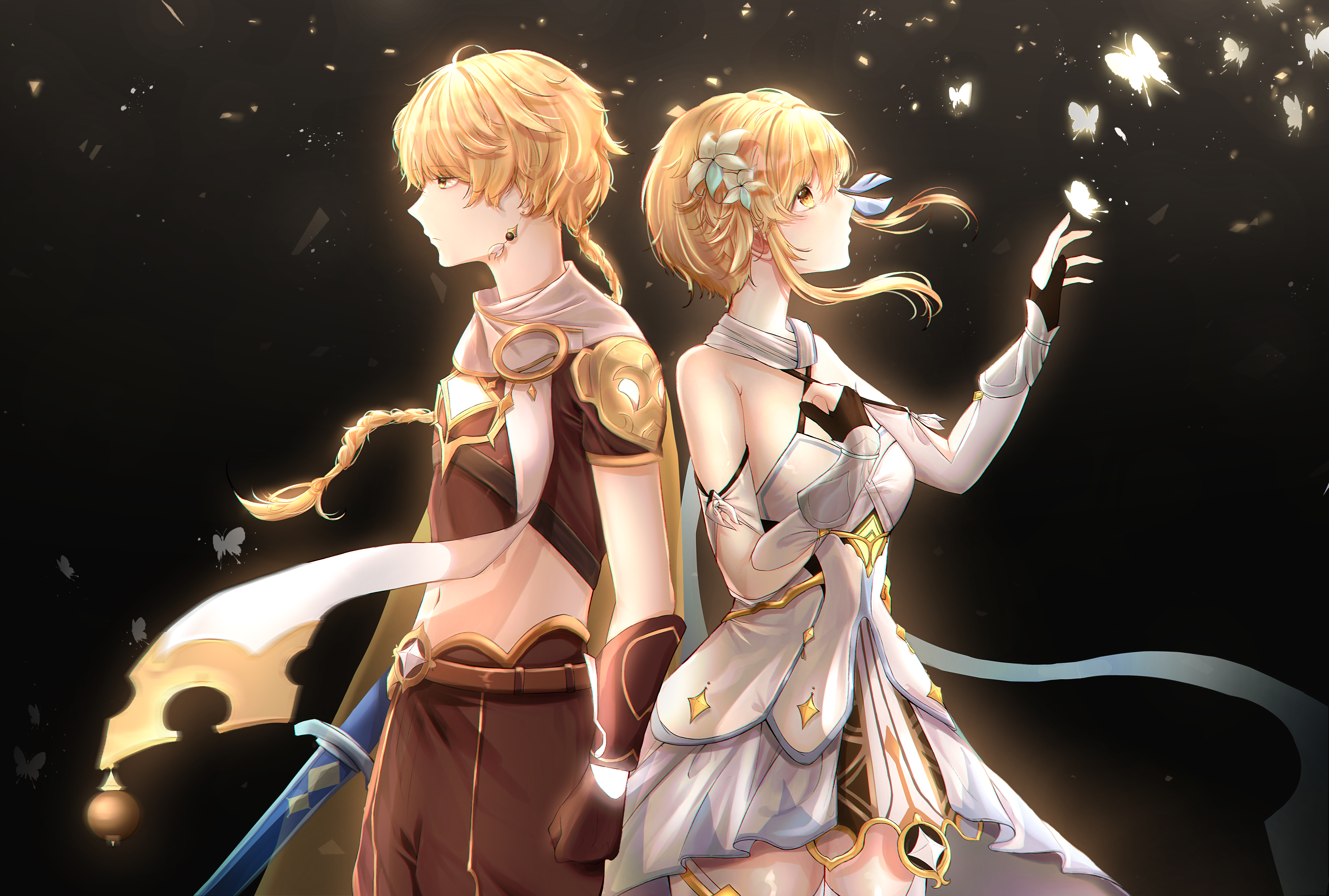 Lumine and Aether from Genshin Impact with butterflies HD Wallpaper
