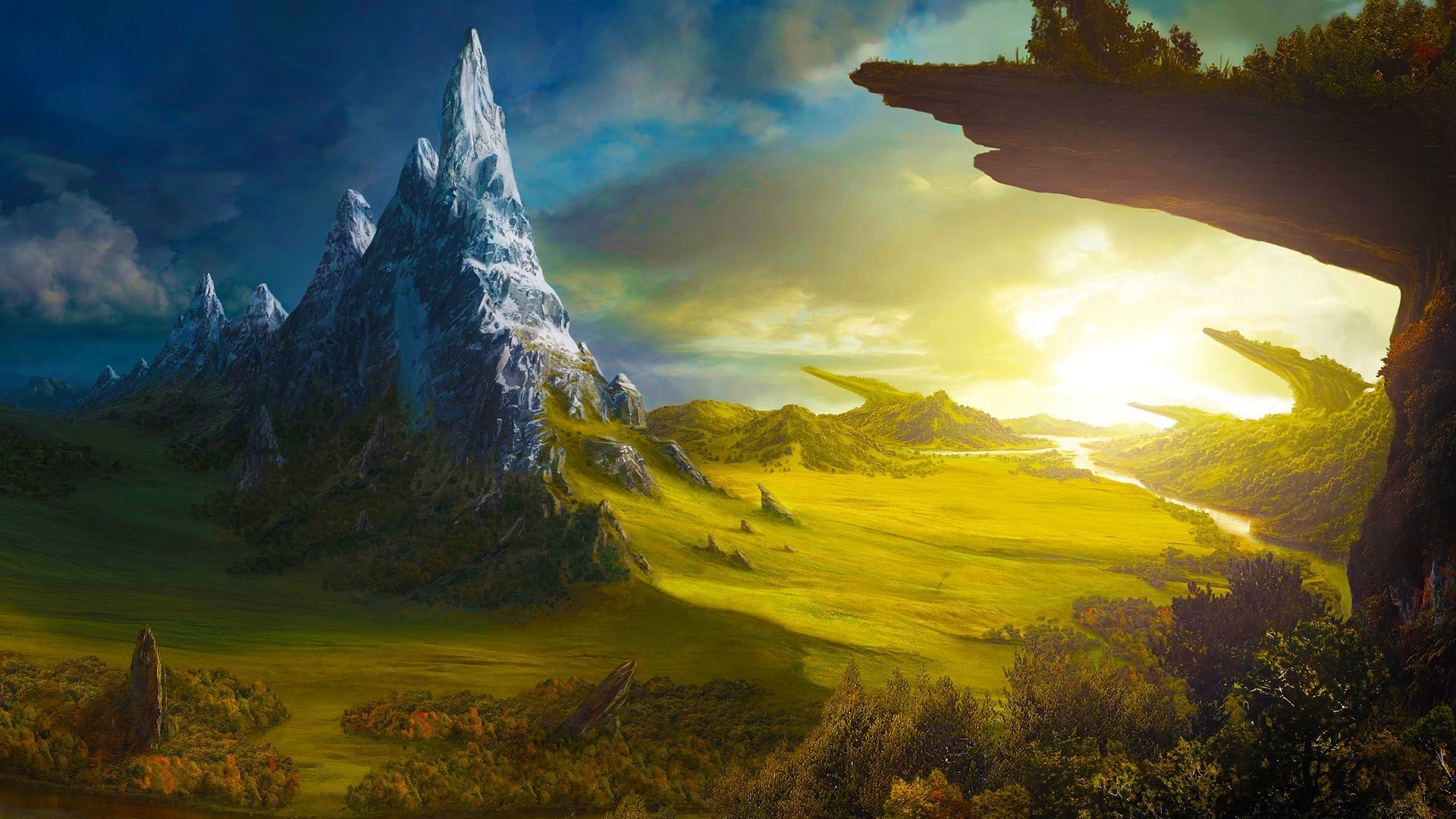 Fantasy mountain landscape with sunlit valley and peaks HD Wallpaper