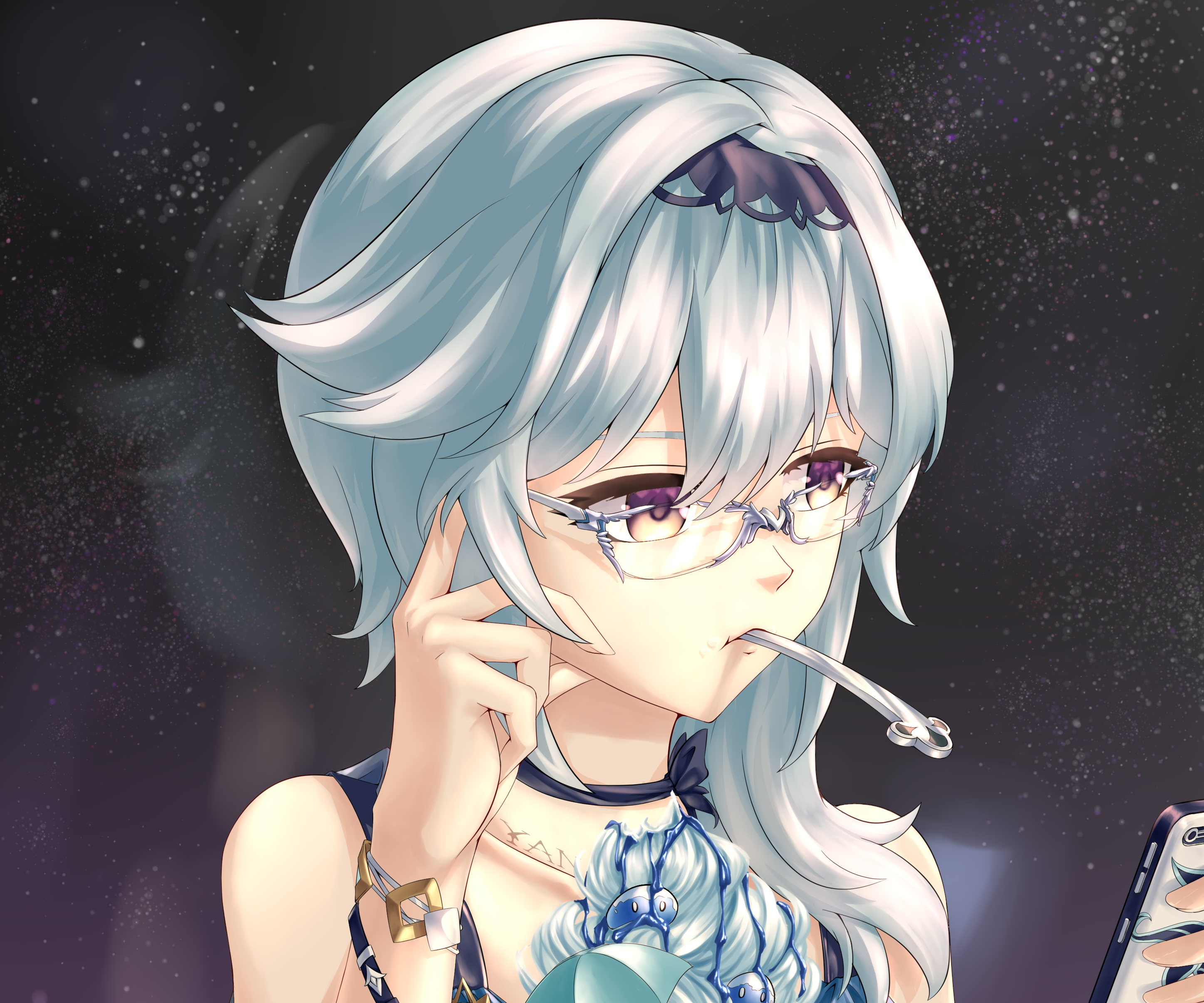 Eula Genshin Impact with glasses and phone HD Wallpaper