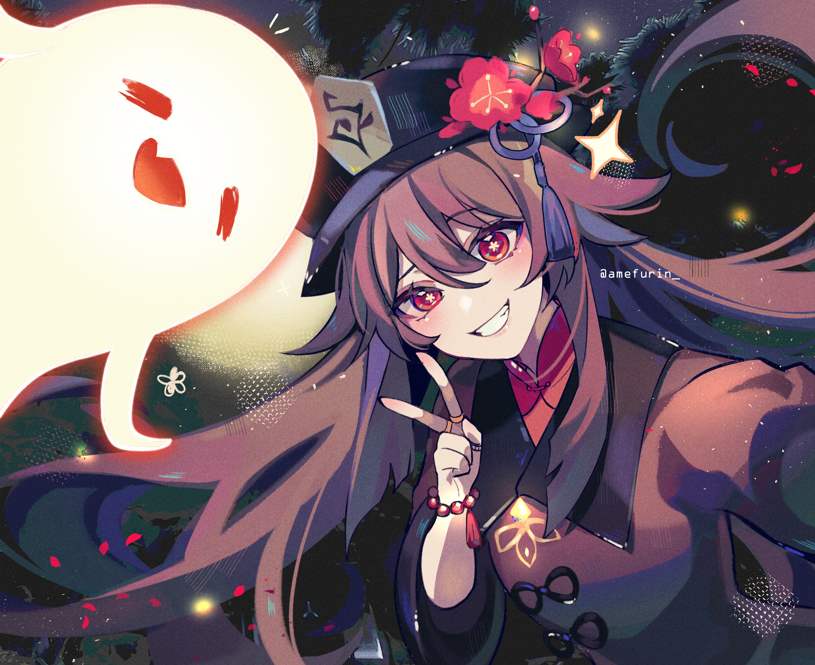 Hu Tao and her ghost friend in a starry night HD Wallpaper