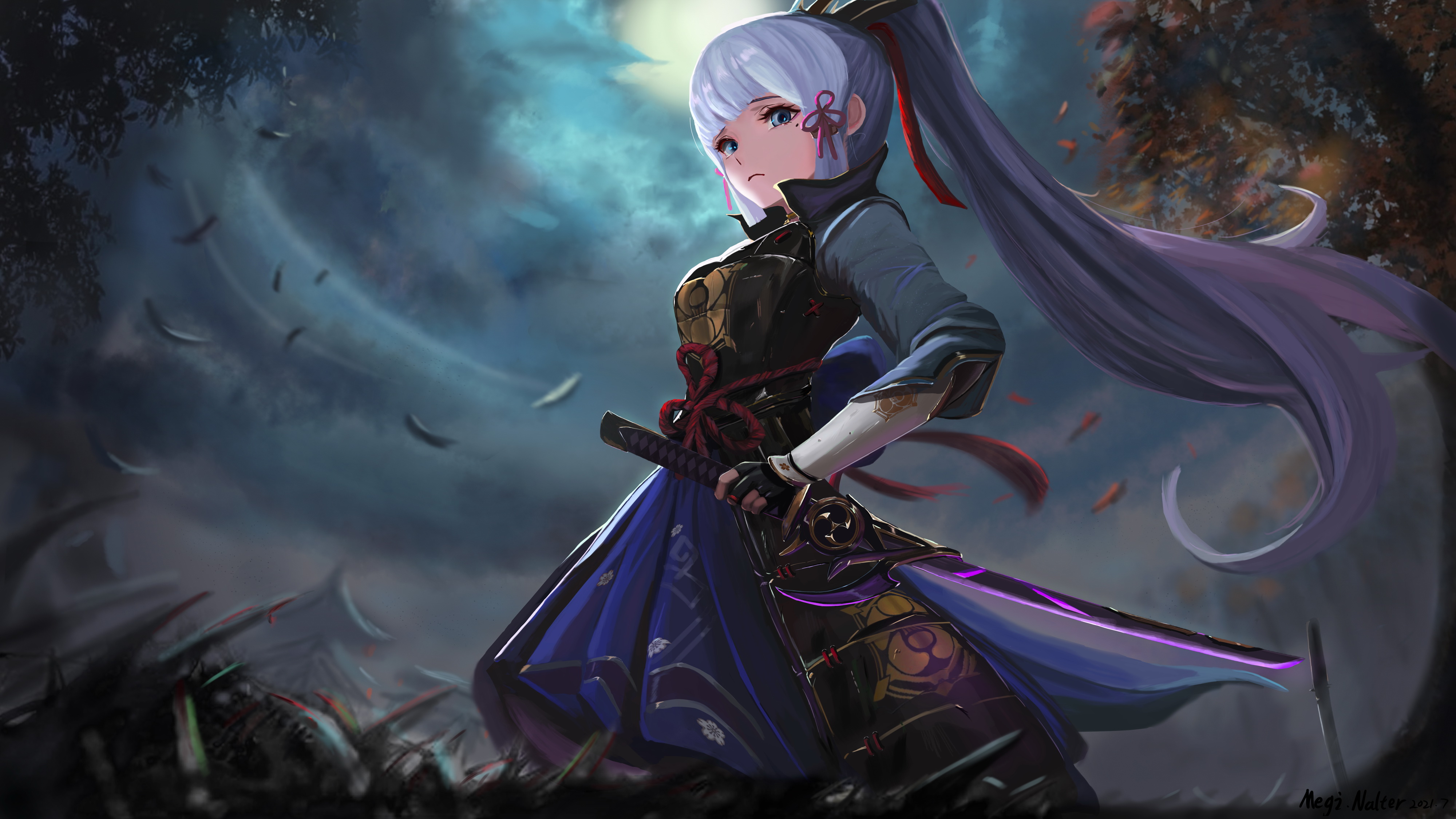 Kamisato Ayaka in Genshin Impact with a sword HD Wallpaper