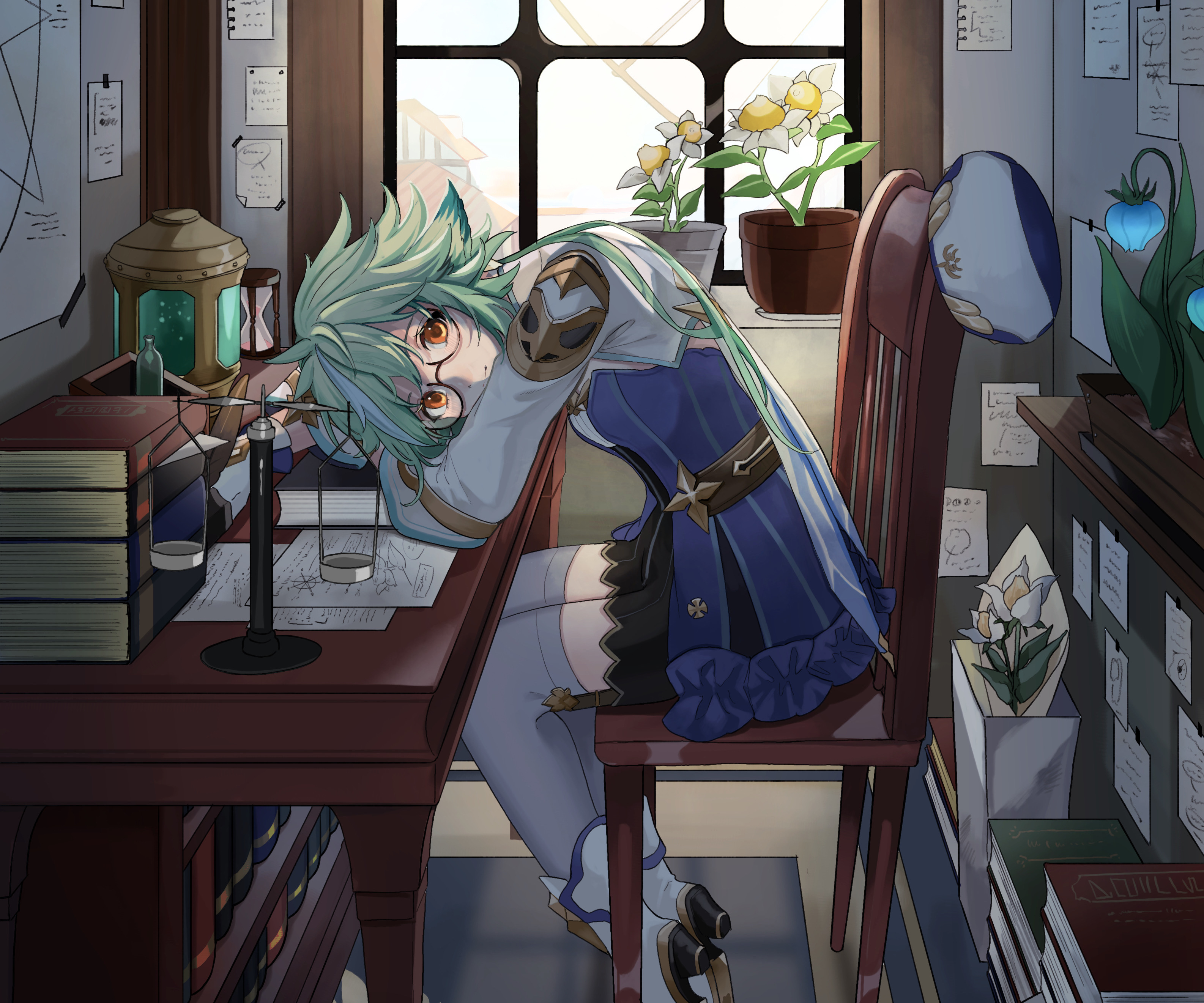 Sucrose (Genshin Impact) studying at her desk HD Wallpaper