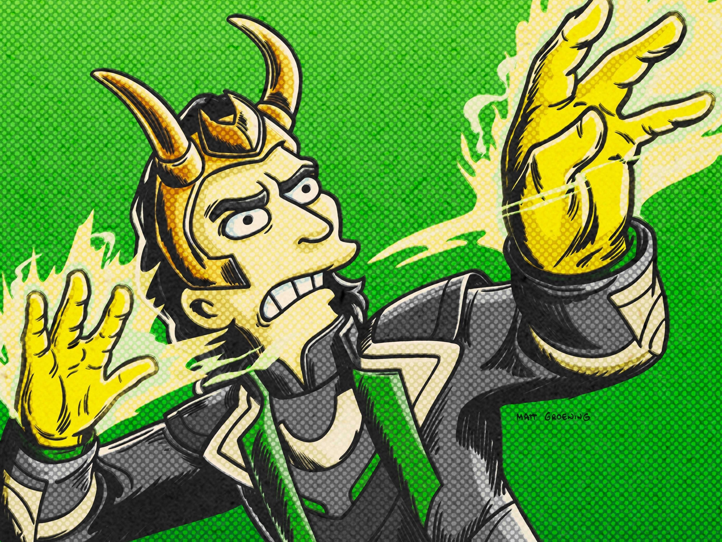 Loki as a Simpsons character with green background HD Wallpaper