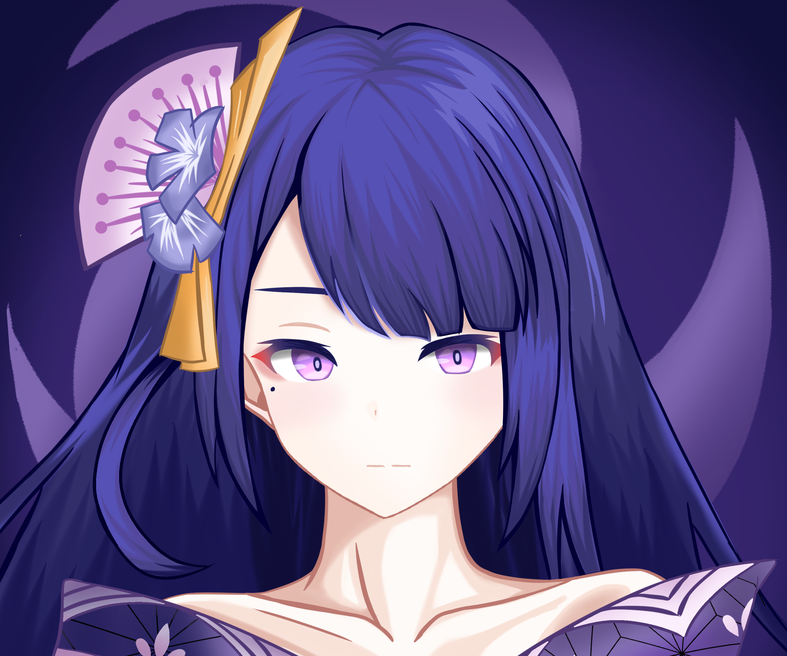 Raiden Shogun (Genshin Impact) portrait with purple hair and fan HD Wallpaper